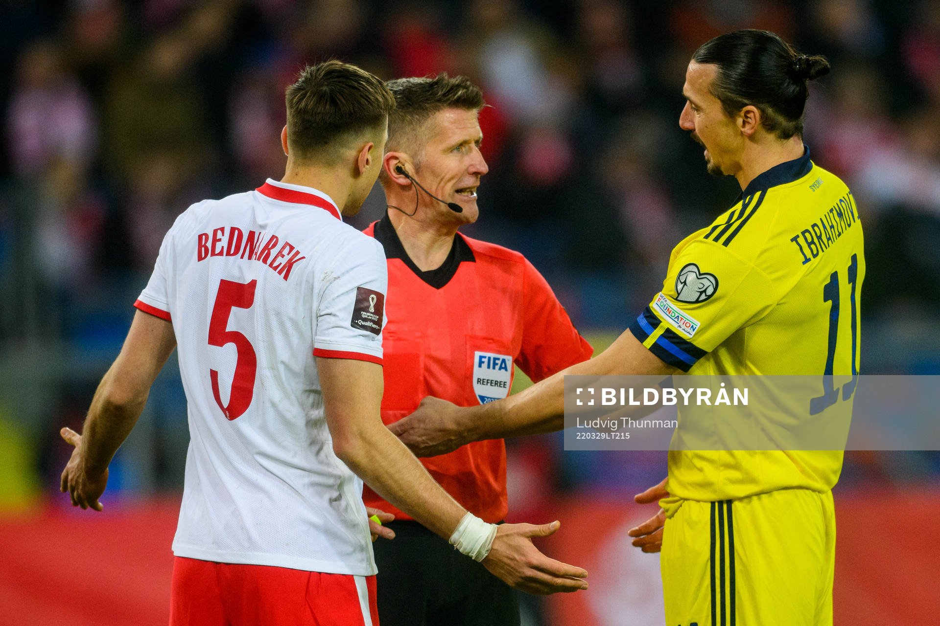 Jan Bednarek of Poland and Zlatan Ibrahimovic  of Sweden