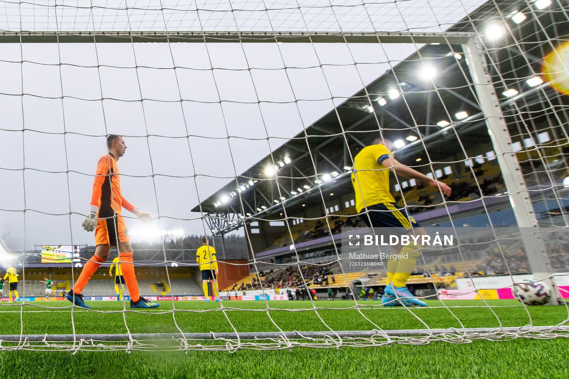 Aiham Ousou and goalkeeper Samuel Brolin of Sweden look