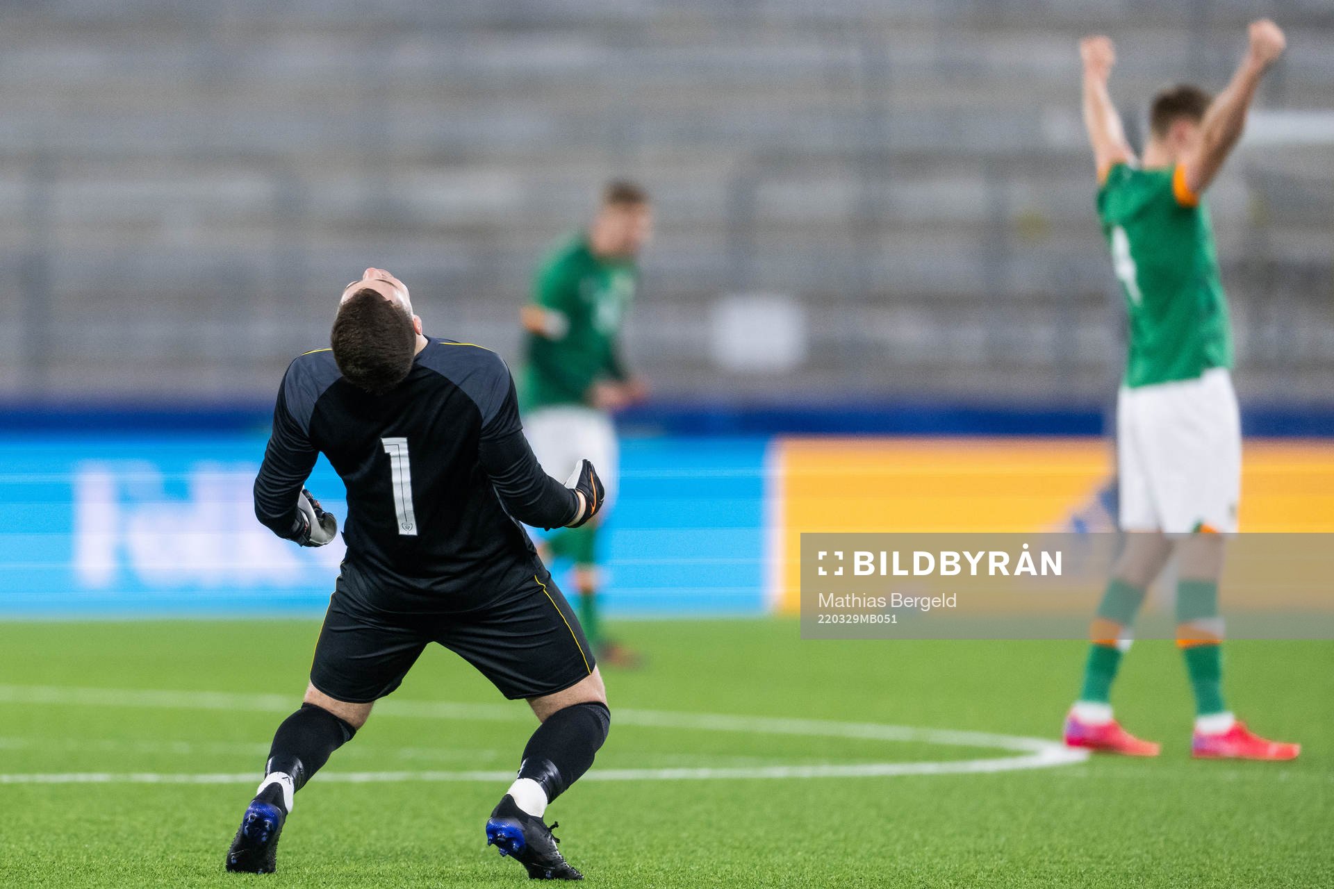 goalkeeper Brian Maher of Ireland celebrates after the UEFA European Under-21 Qualifier football match between Sweden and Ireland on March 29, 2022 in Borås.