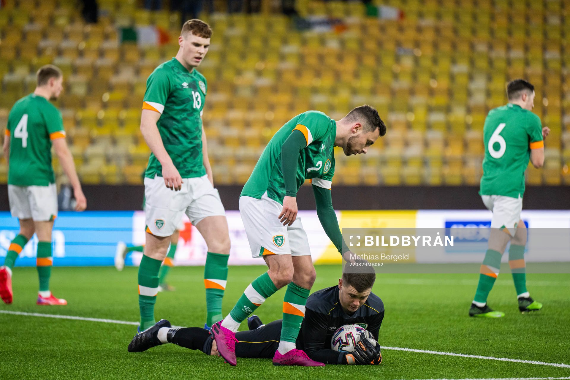 Lee O'Connor and goalkeeper Brian Maher of Ireland celebrate during the UEFA European Under-21 Qualifier football match between Sweden and Ireland on March 29, 2022 in Borås.