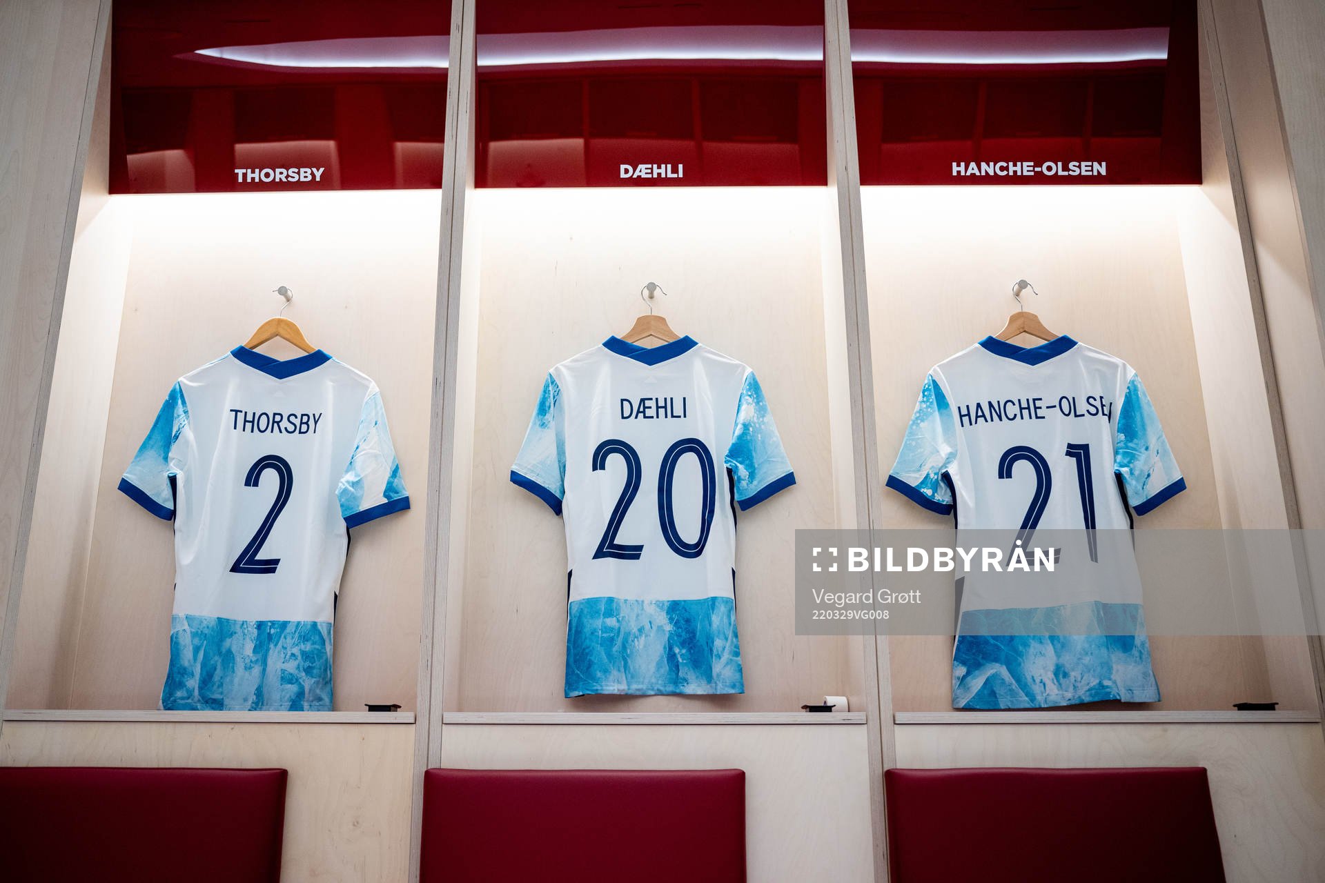 The kits of Morten Thorsby, Mats Møller Dæhli and Andreas Hanche-Olsen of Norway in the dressing room ahead of the international friendly football match between Norway and Armenia on March 29, 2022 in Oslo.