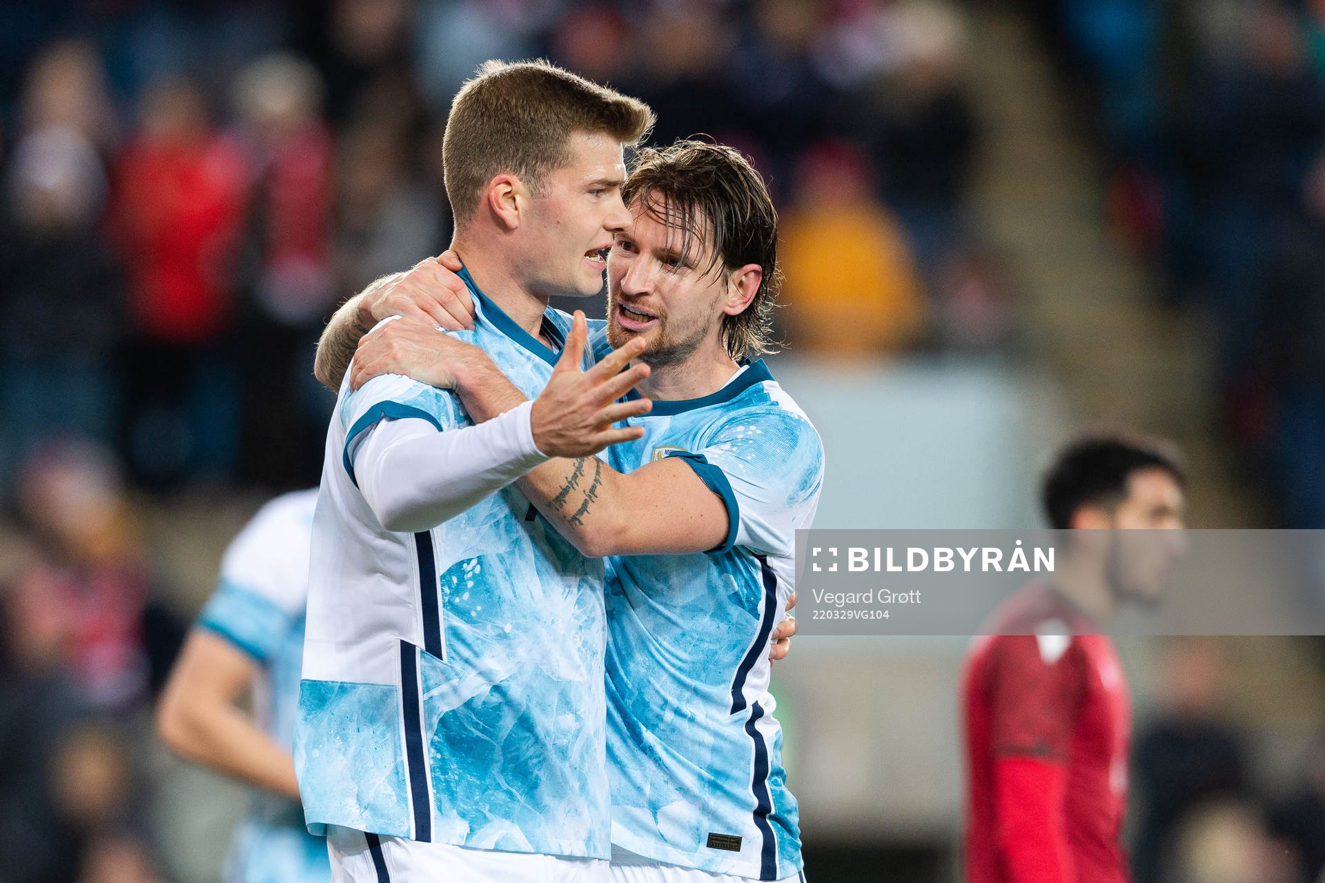 Alexander Sørloth and Stefan Strandberg of Norway celebrate the 8-0 goal during the international friendly football match between Norway and Armenia on March 29, 2022 in Oslo.