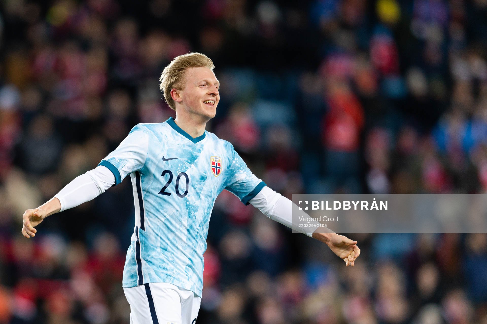 Mats Møller Dæhli of Norway celebrates the 7-0 goal during the international friendly football match between Norway and Armenia on March 29, 2022 in Oslo.