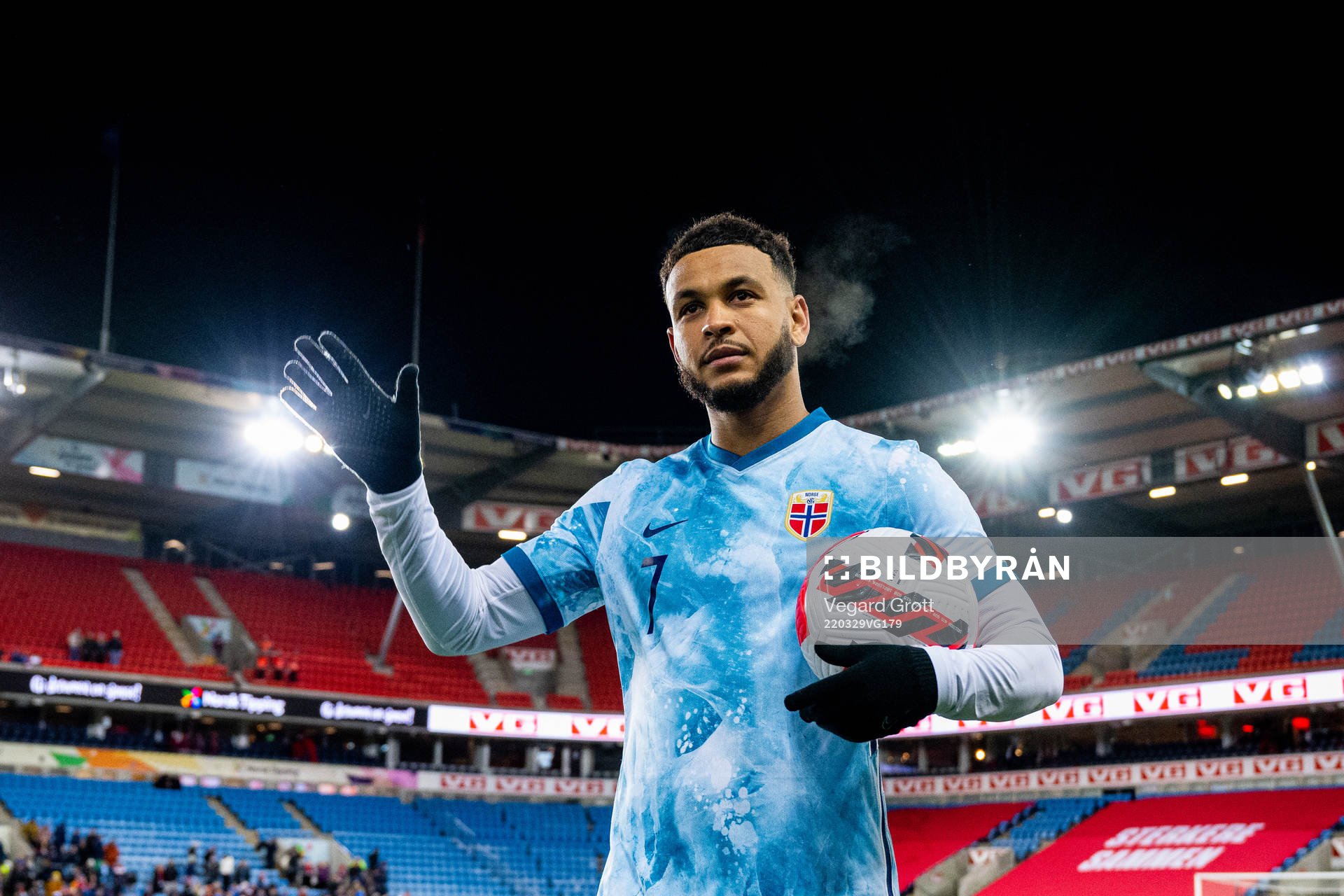 Joshua King of Norway with the match ball