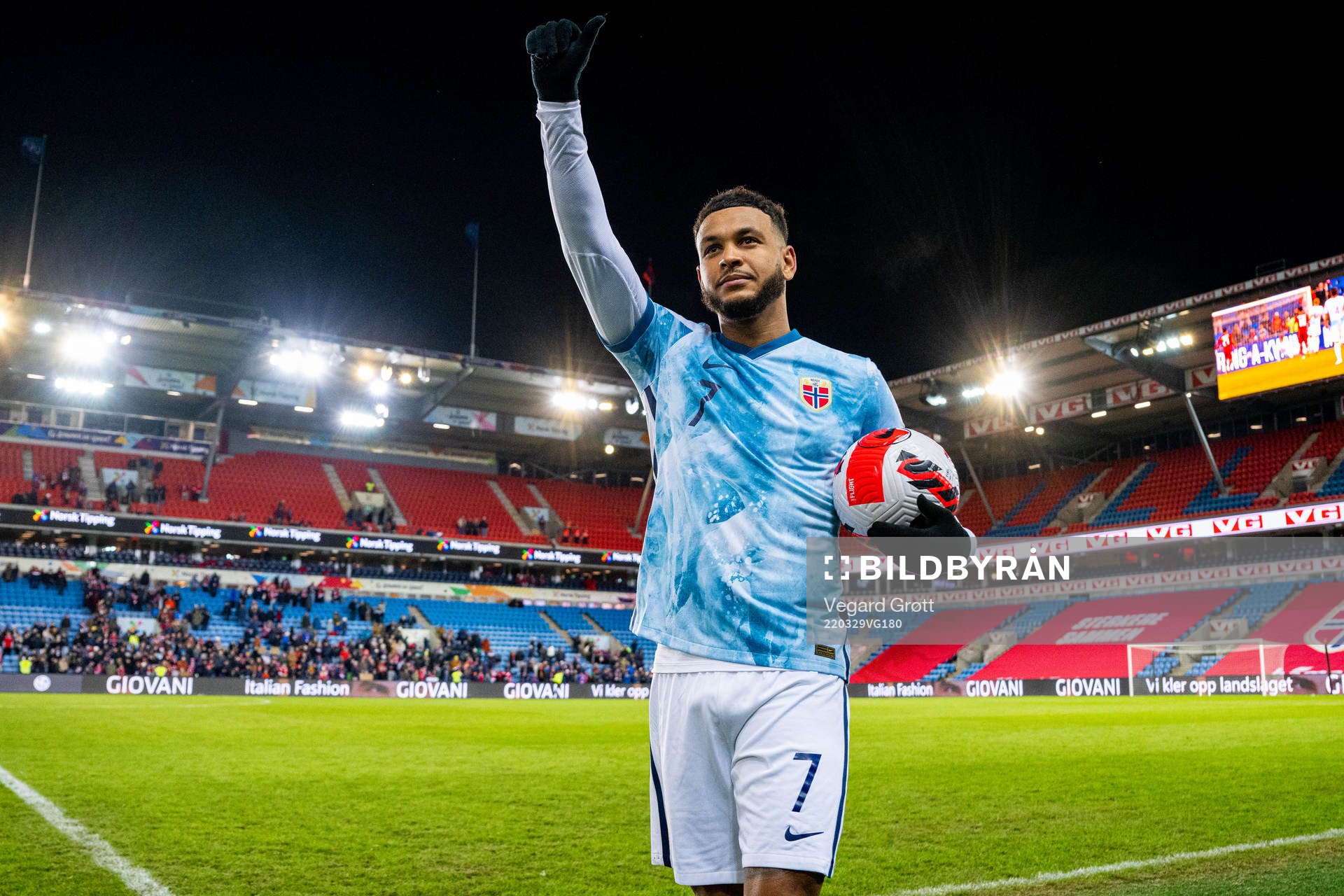Joshua King of Norway with the match ball