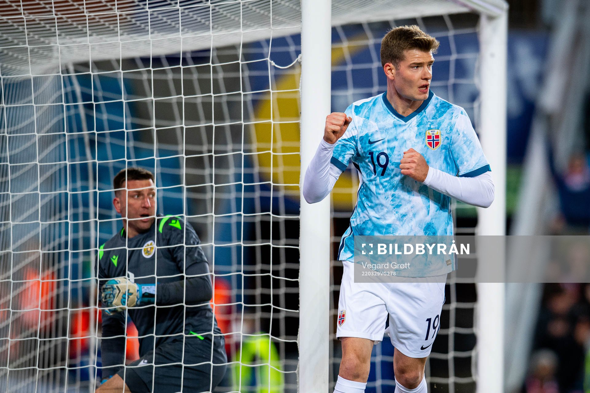 Alexander Sørloth of Norway celebrates after scoring 8-0 during the international friendly football match between Norway and Armenia on March 29, 2022 in Oslo.