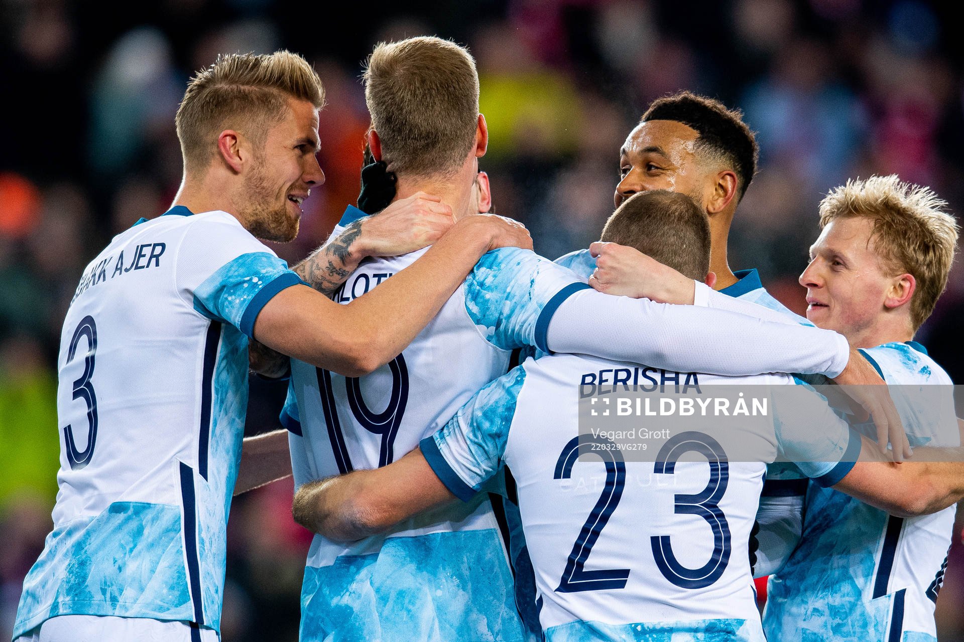 Alexander Sørloth of Norway celebrates with teammates Kristoffer Ajer, Veton Berisha, Joshua King and Mats Møller Dæhli after scoring 8-0 during the international friendly football match between Norway and Armenia on March 29, 2022 in Oslo.