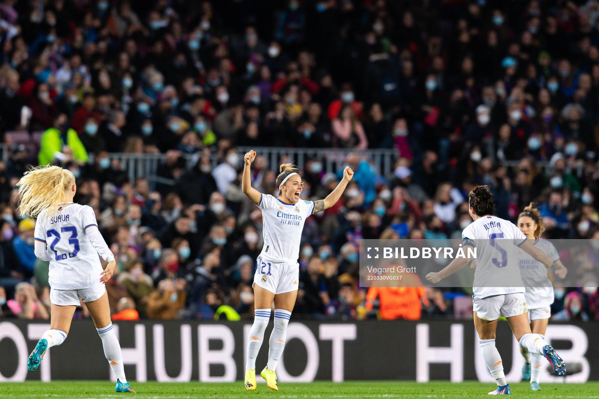 Claudia Zornoza of Real Madrid celebrates the 1-2 goal during the UEFA Women's Champions League football match between Barcelona and Real Madrid on March 30, 2022 in Barcelona.