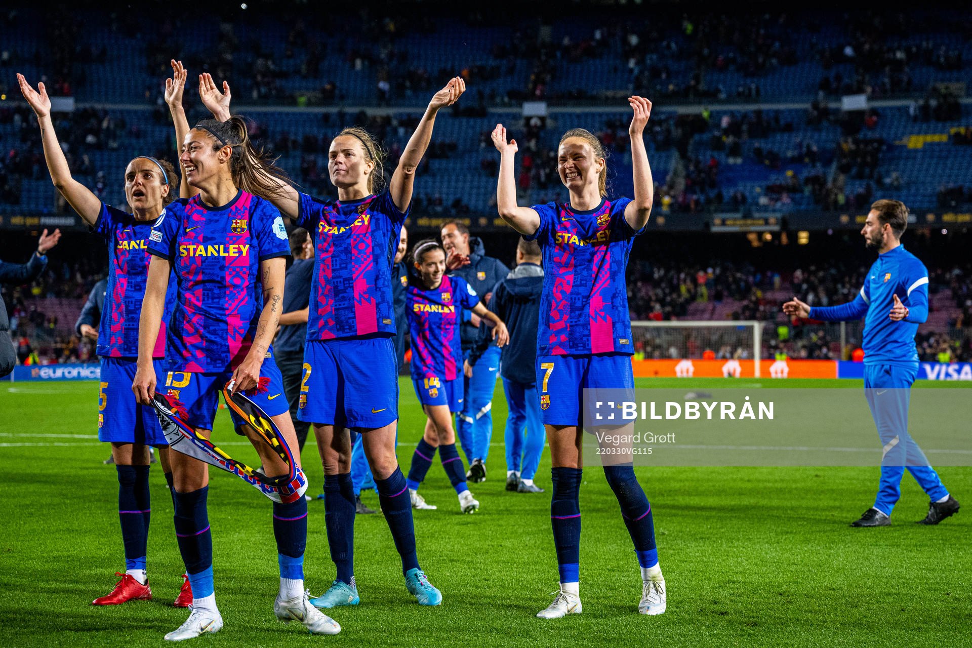 Irene Paredes, Caroline Graham Hansen and players of Barcelona celebrate after the UEFA Women's Champions League football match between Barcelona and Real Madrid on March 30, 2022 in Barcelona.