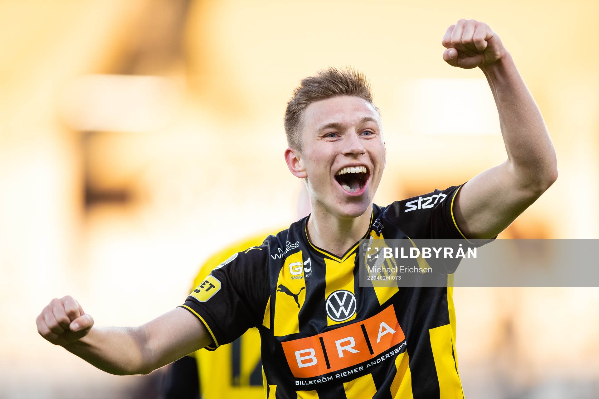 Häckens Kristoffer Lund Hansen jublar efter  fotbollsmatchen i Allsvenskan mellan Häcken och AIK den 2 april 2022 i Göteborg. 