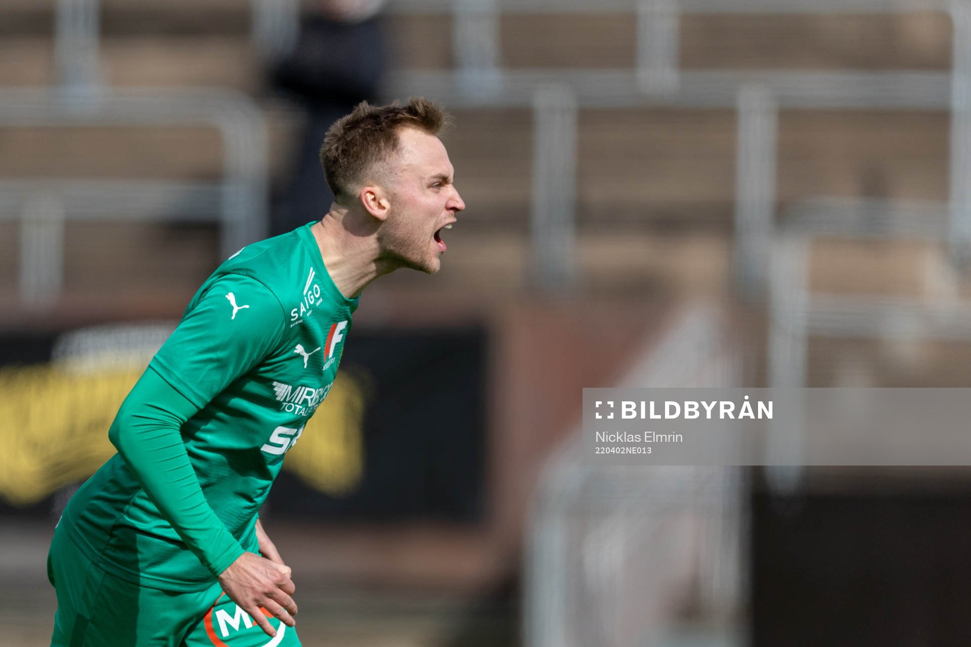Olympics Filip Bohman jublar efter 1-2 målet under fotbollsmatchen i Ettan södra mellan Qviding och BK Olympic den 2 april 2022 i Göteborg.