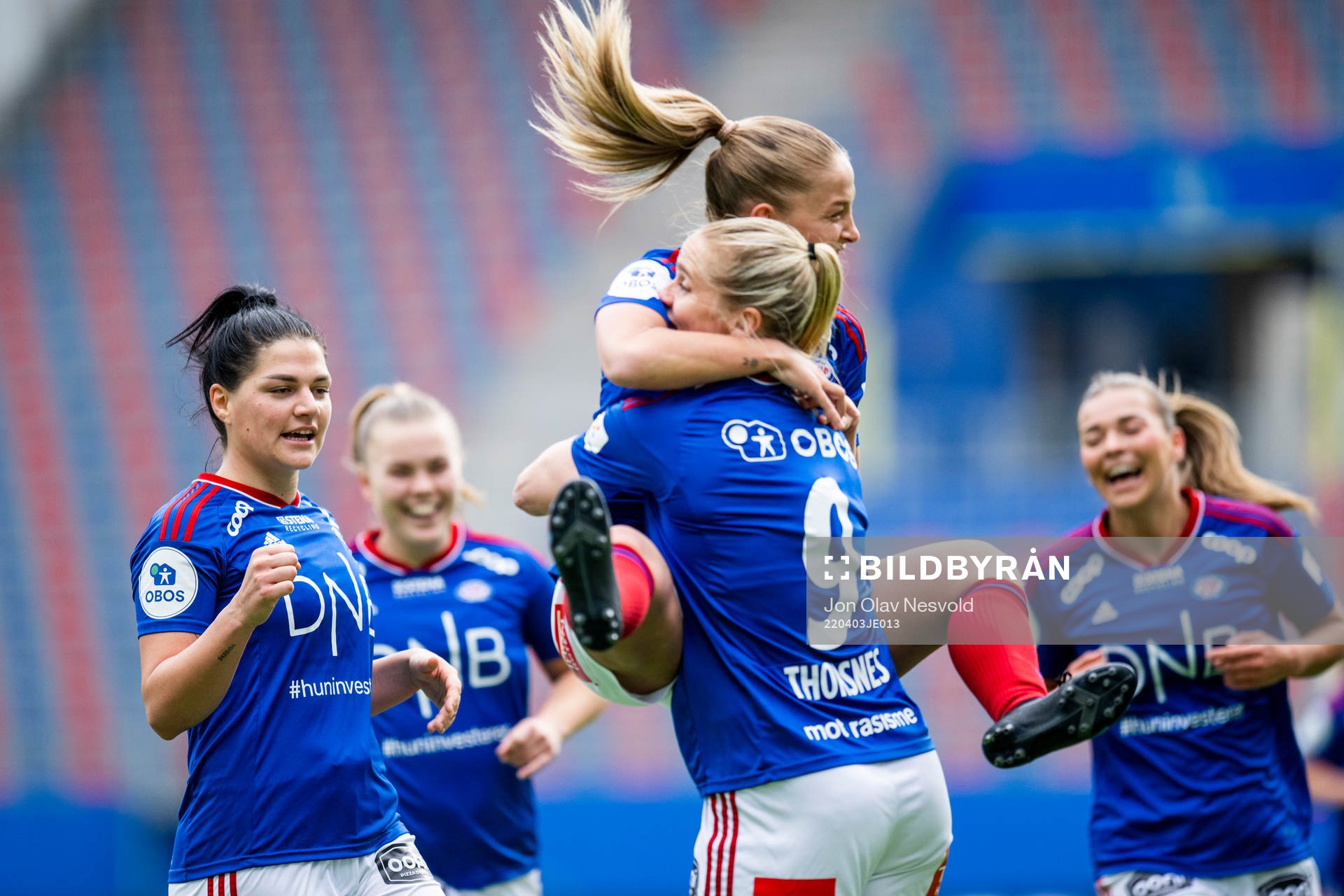 Dejana Stefanovic of Vålerenga celebrates with teammates during the Toppserien match between Vålerenga and Røa on April 3, 2022 in Oslo. 