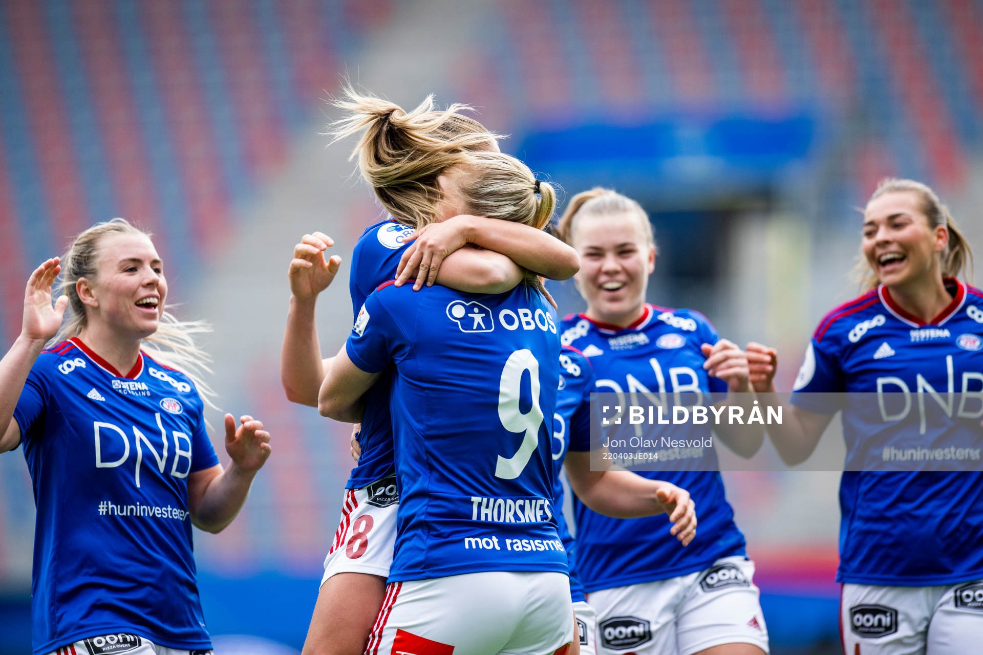 Rikke Bogetveit Nygard and Elise Hove Thorsnes of Vålerenga celebrate the 1-0 goal during the Toppserien match between Vålerenga and Røa on April 3, 2022 in Oslo.