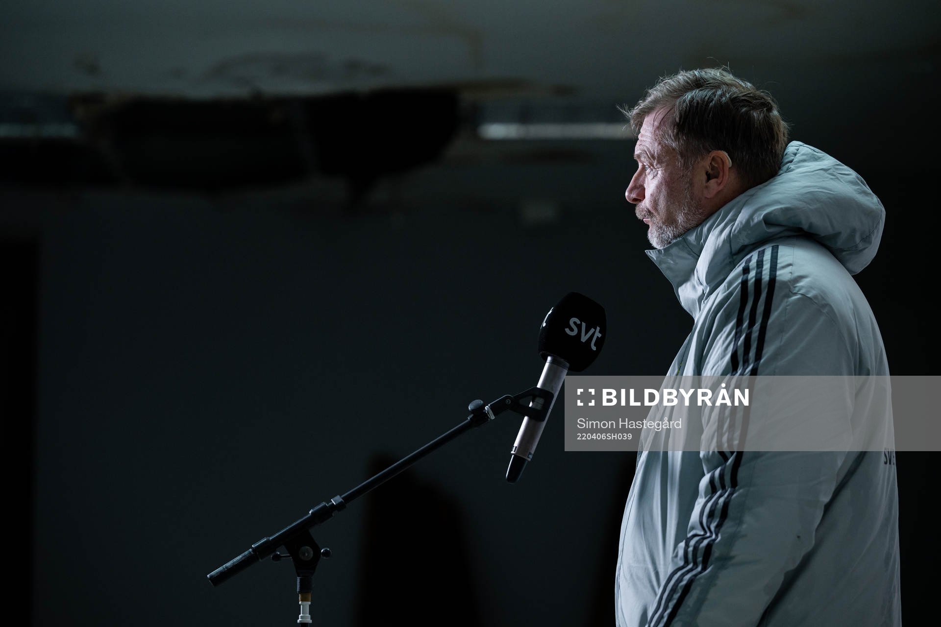 Peter Gerhardsson, head coach of the Swedish women's national football team is being interviews after a training session on April 6, 2022 in Tbilisi.