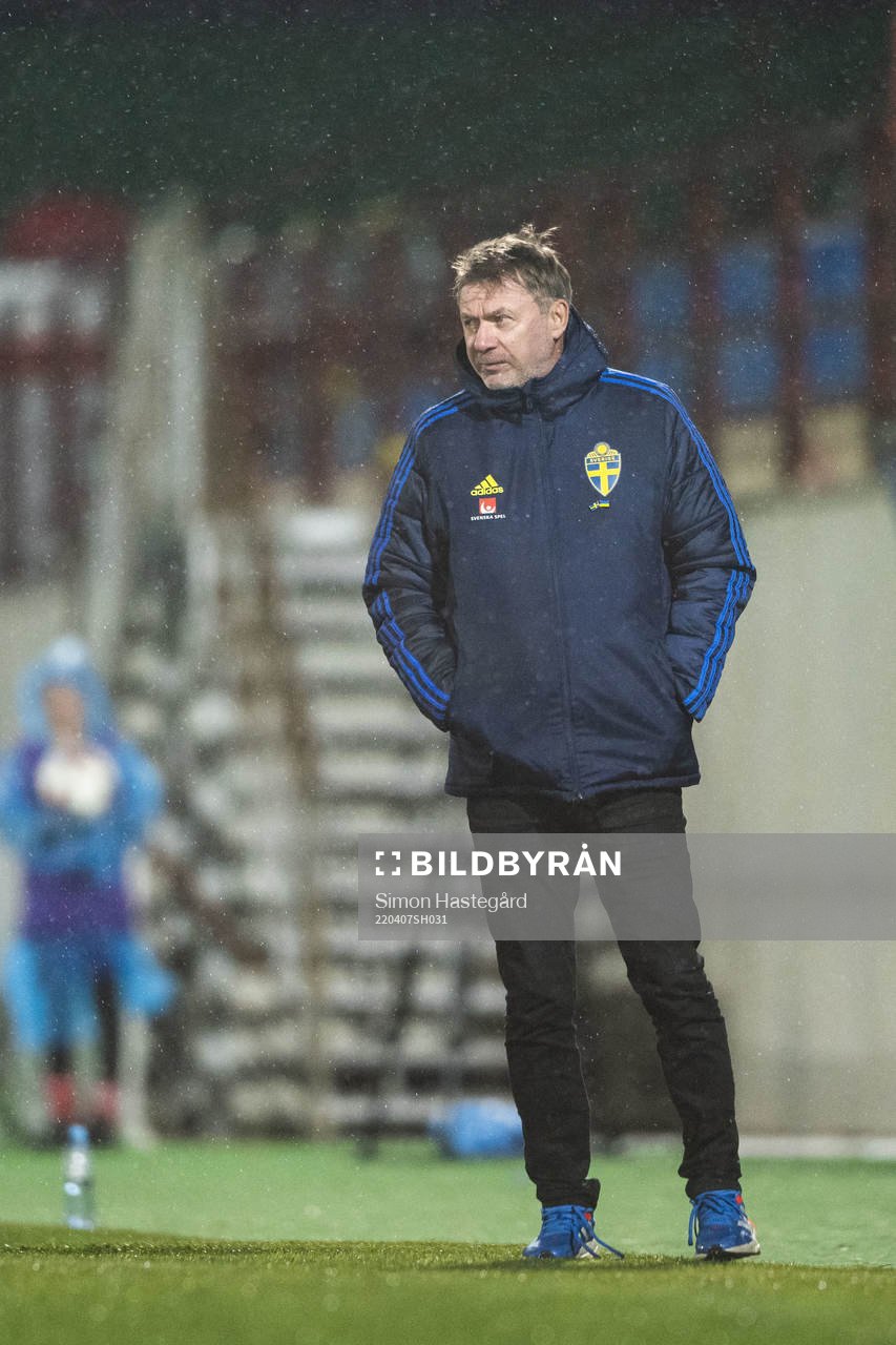 Peter Gerhardsson, head coach of Sweden during the FIFA women's World Cup Qualifying football match between Georgia and Sweden on April 7, 2022 in Gori. 