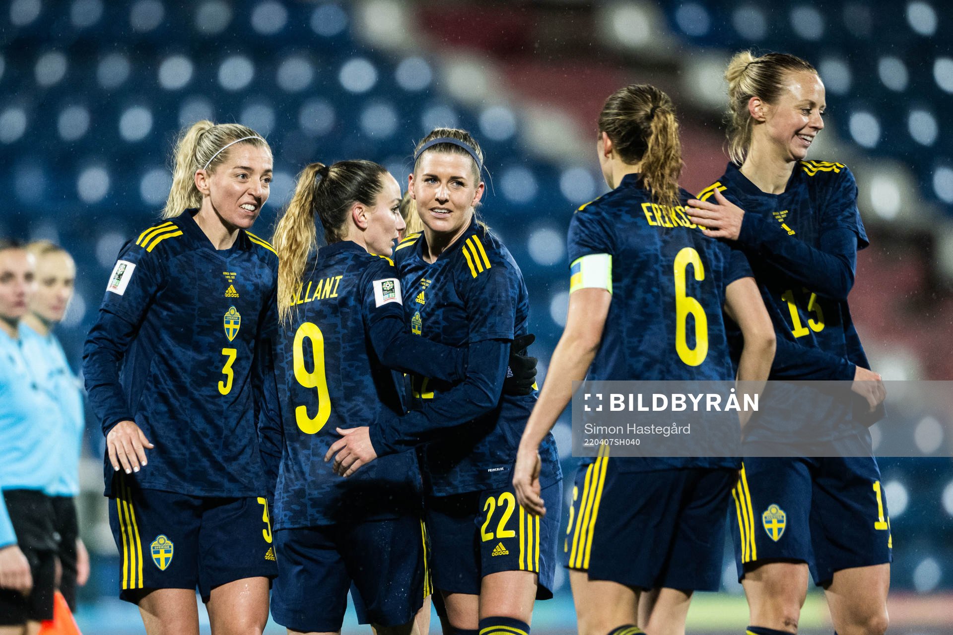Linda Sembrant, Kosovare Asllani and Olivia Schough of Sweden celebrate after the 0-15 goal during the FIFA women's World Cup Qualifying football match between Georgia and Sweden on April 7, 2022 in Gori.