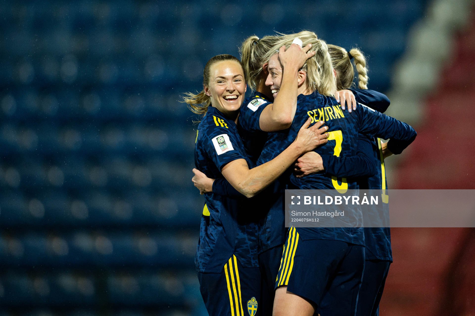 Magdalena Eriksson and Linda Sembrant of Sweden celebrate the 0-3 goal during the FIFA women's World Cup Qualifying football match between Georgia and Sweden on April 7, 2022 in Gori. 