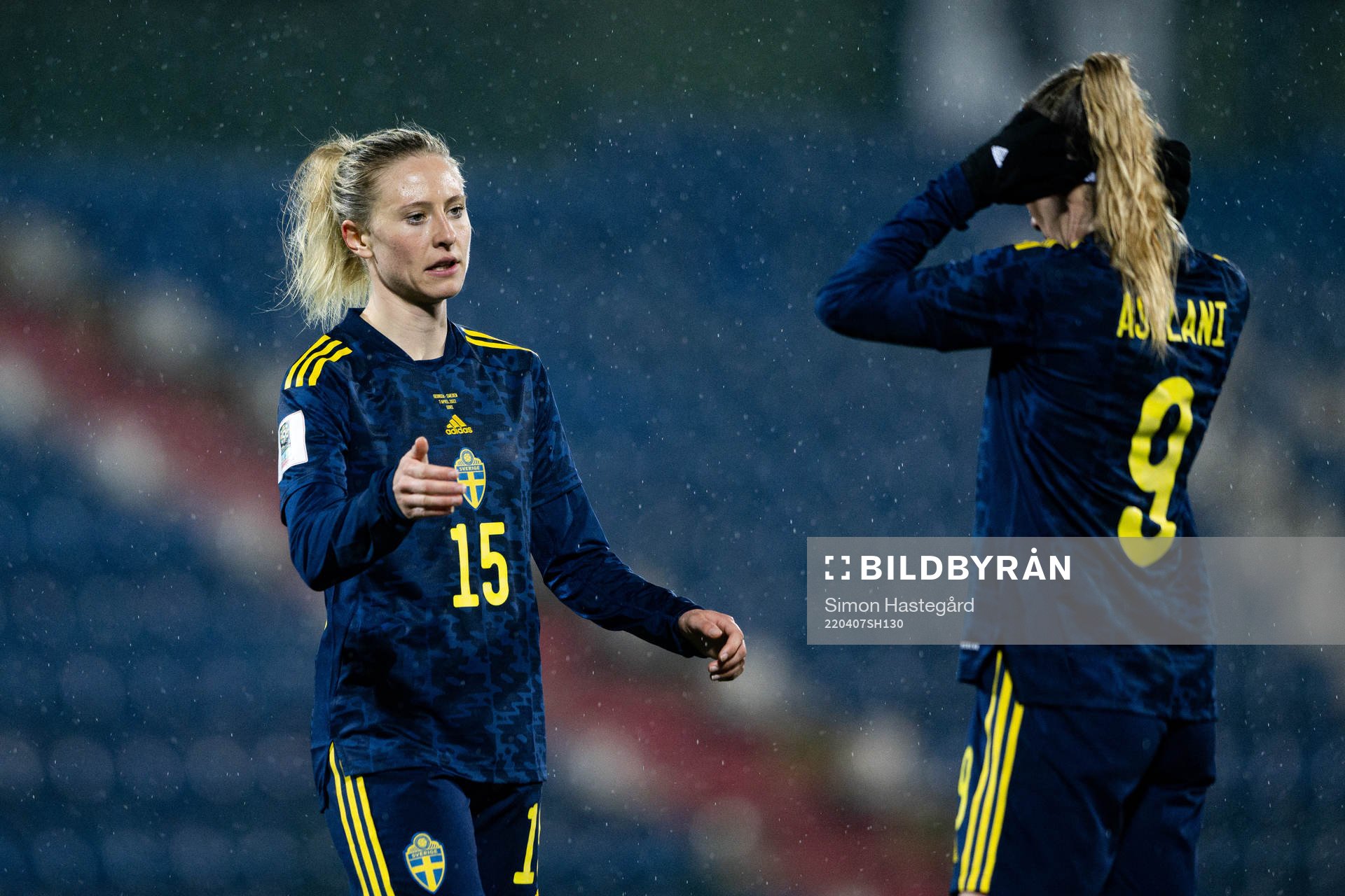Rebecka Blomqvist and Kosovare Asllani of Sweden celebrate after the FIFA women's World Cup Qualifying football match between Georgia and Sweden on April 7, 2022 in Gori.
