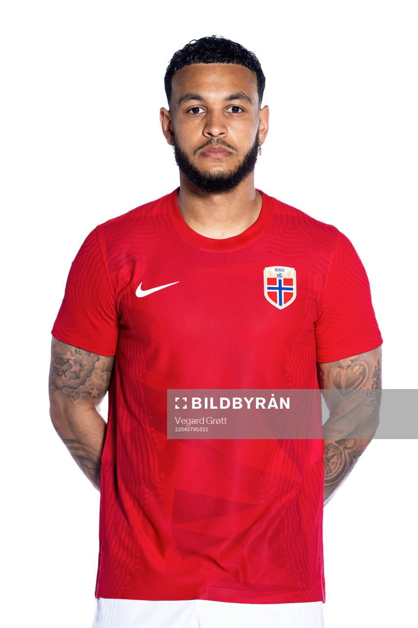 Joshua King of the Norwegian national football team poses