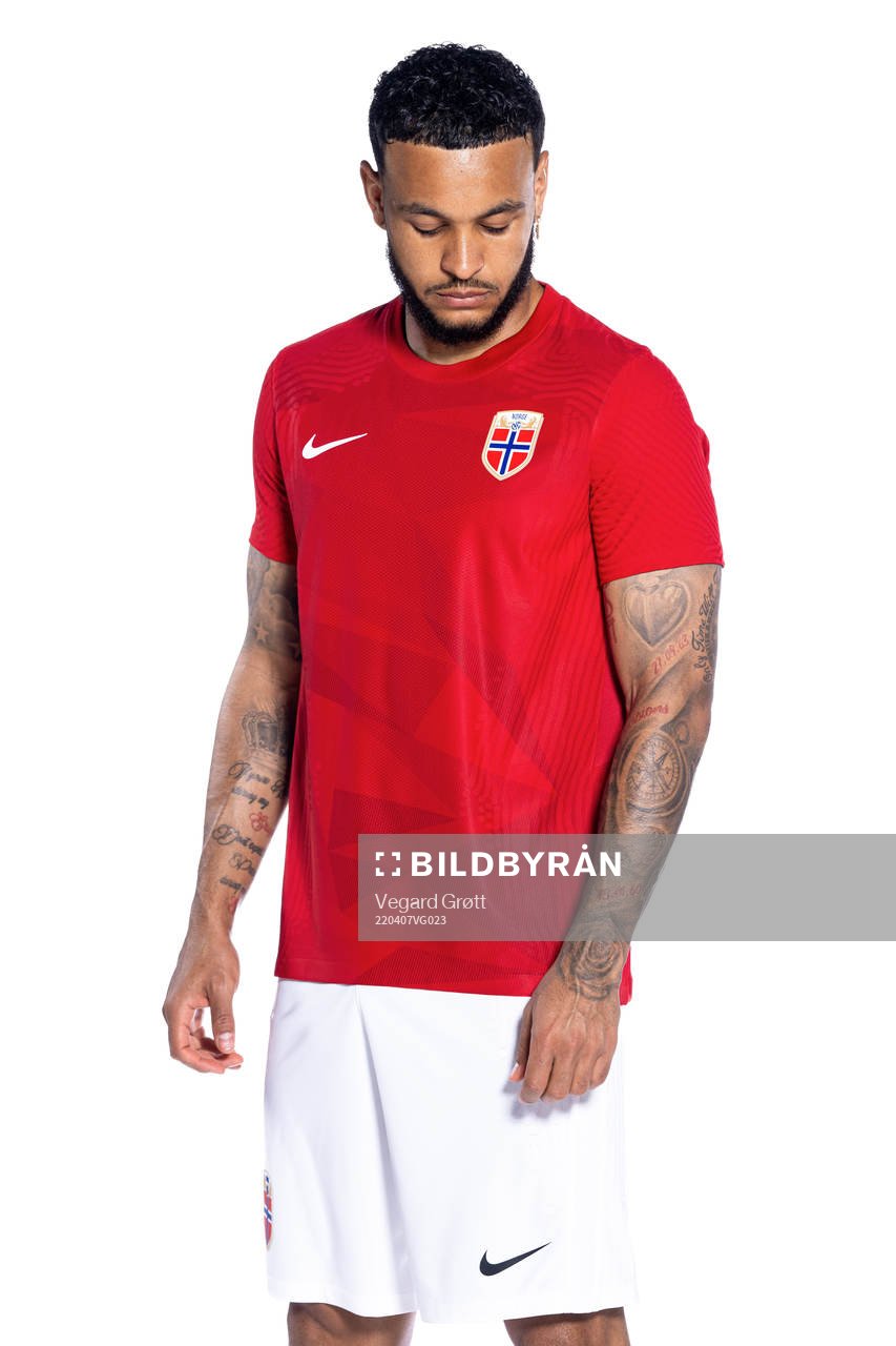 Joshua King of the Norwegian national football team poses