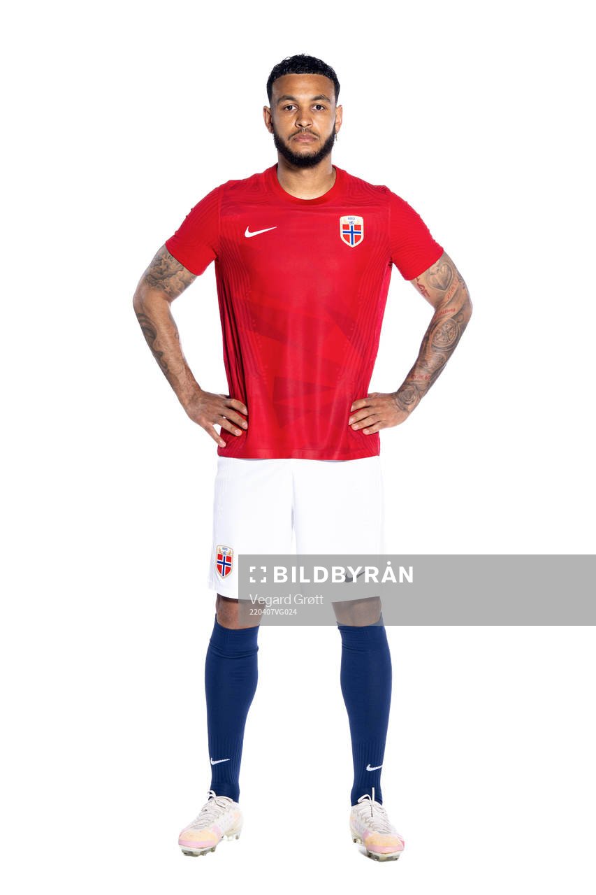 Joshua King of the Norwegian national football team poses