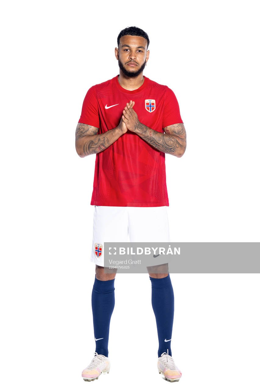 Joshua King of the Norwegian national football team poses