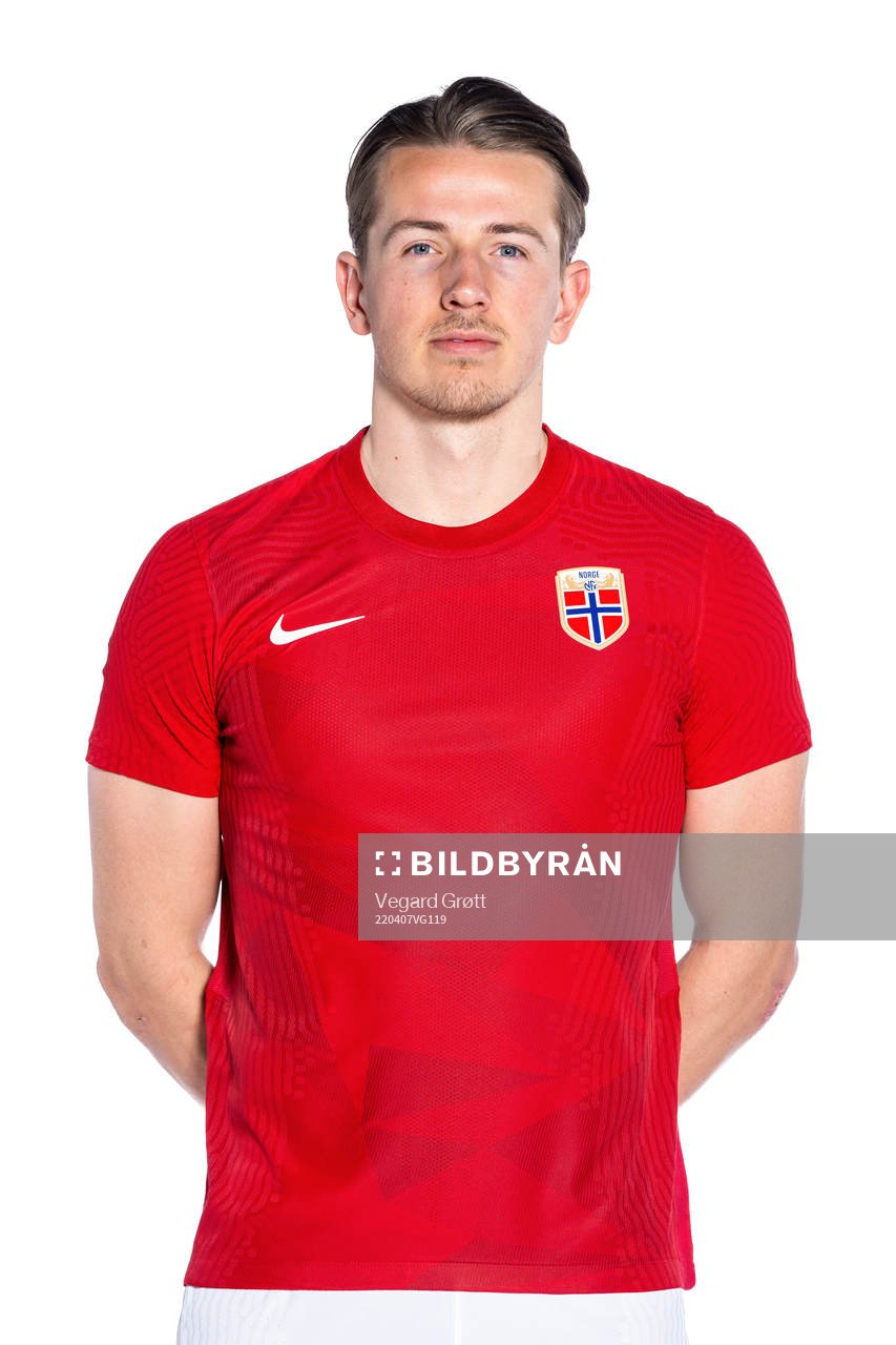 Sander Berge of the Norwegian national football team poses
