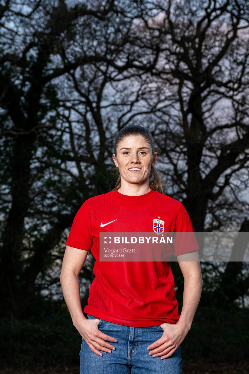 Maren Mjelde of the Norwegian national football team poses