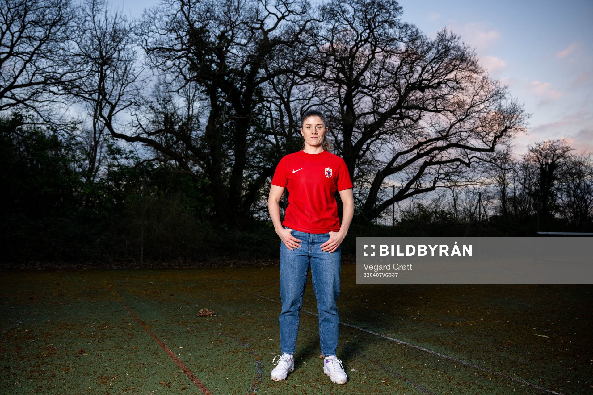 Maren Mjelde of the Norwegian national football team poses for a portrait on March 7, 2022 in London. 
