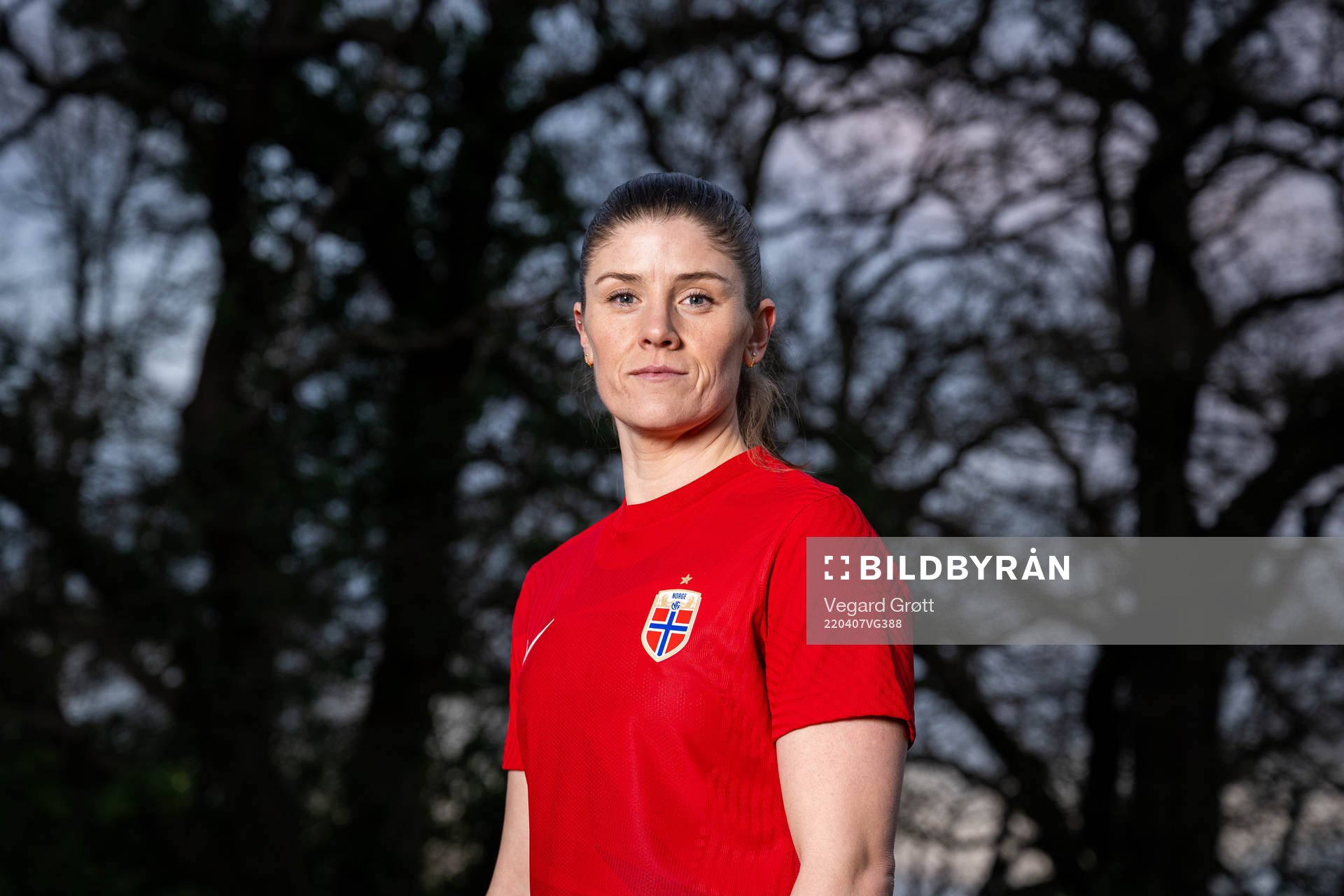 Maren Mjelde of the Norwegian national football team poses for a portrait on March 7, 2022 in London. 