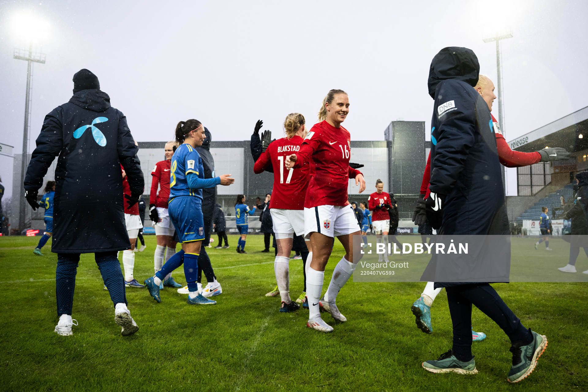 Lisa Fjeldstad Naalsund of Norway celebrates after the FIFA Women's World Cup Qualifier football match between Norway and Kosovo on April 7, 2022 in Sandefjord.