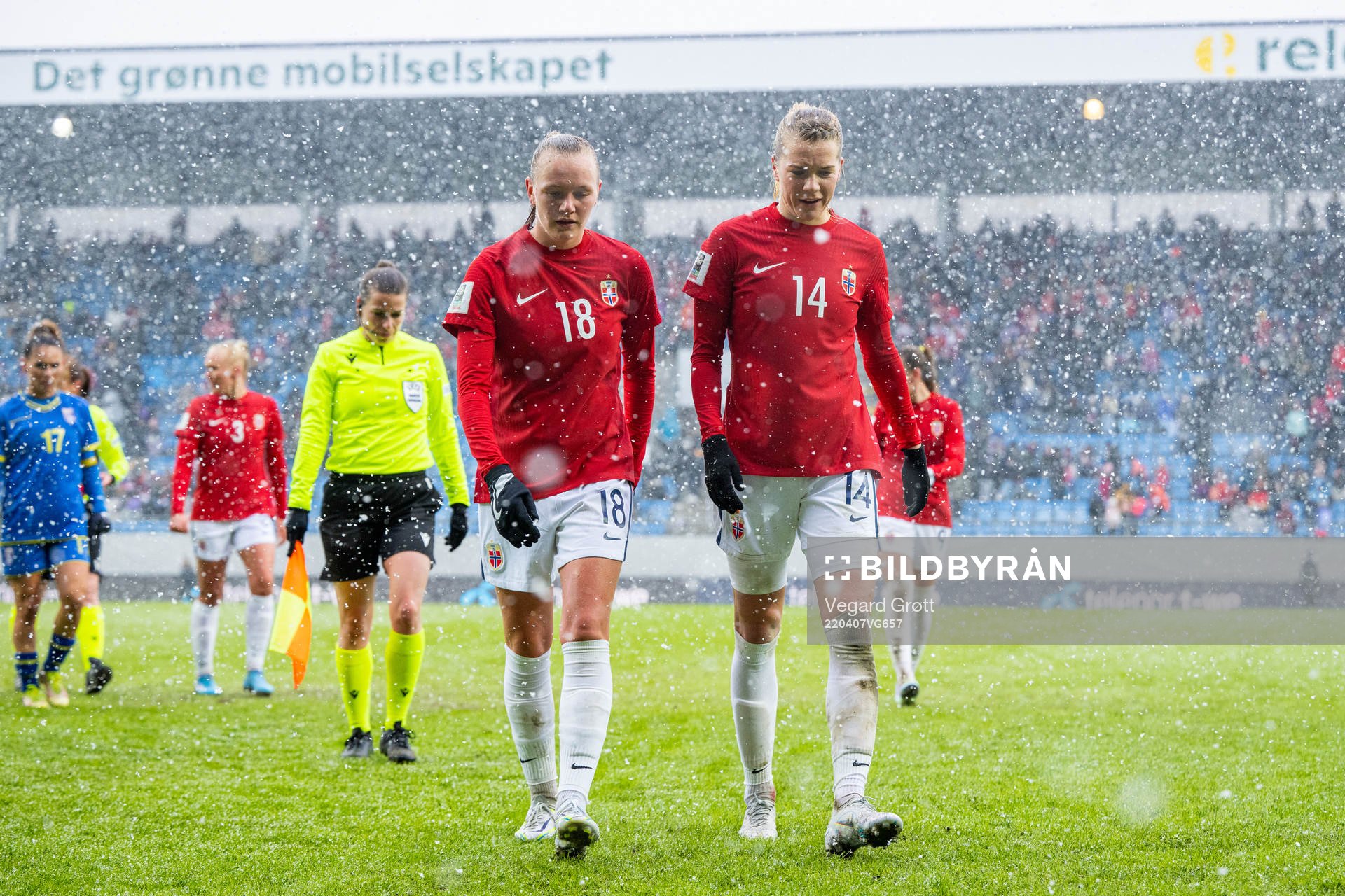 Frida Maanum and Ada Hegerberg of Norway at half-time