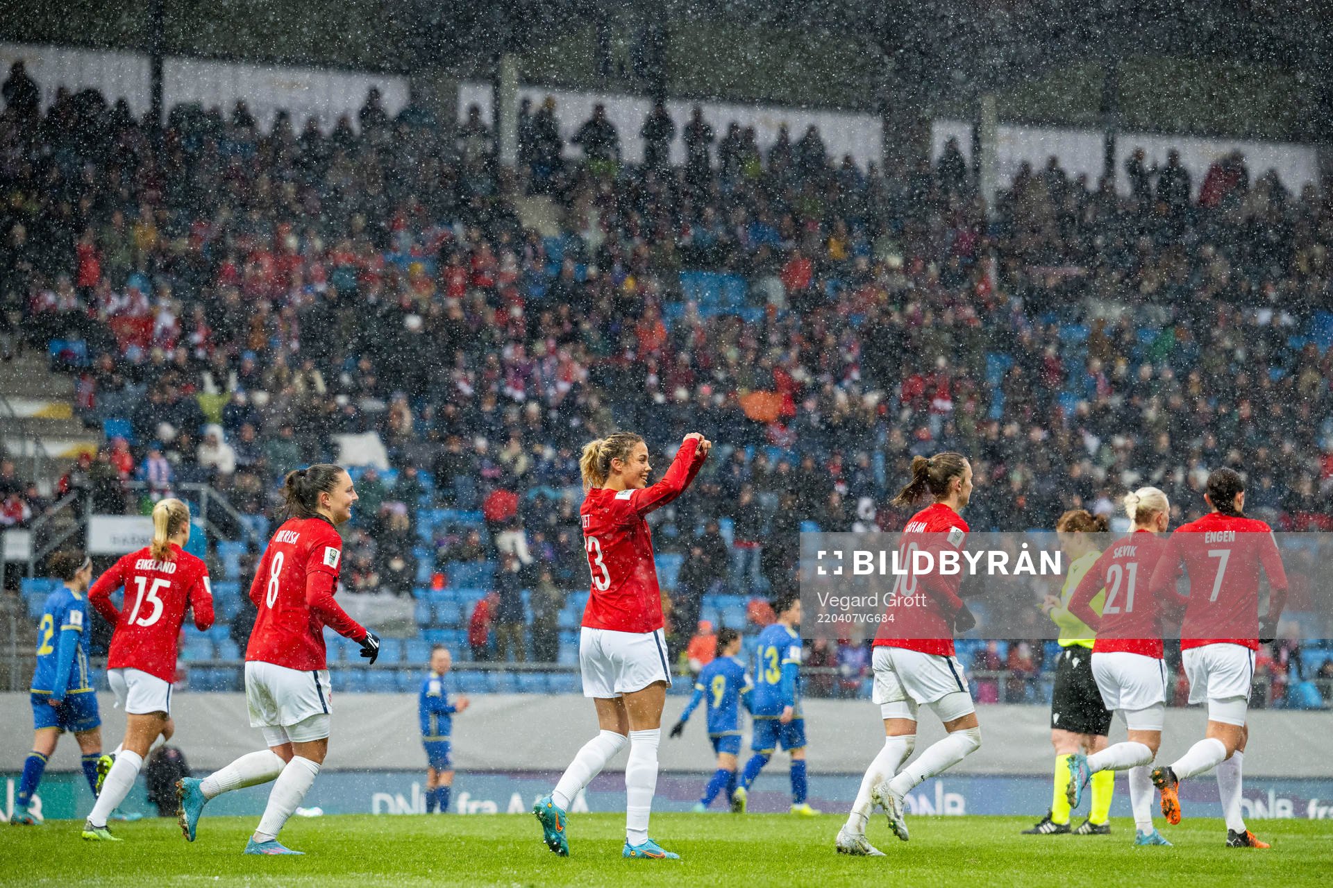 Celin Bizet Ildhusøy of Norway celebrates after scoring 5-1 during the FIFA Women's World Cup Qualifier football match between Norway and Kosovo on April 7, 2022 in Sandefjord.