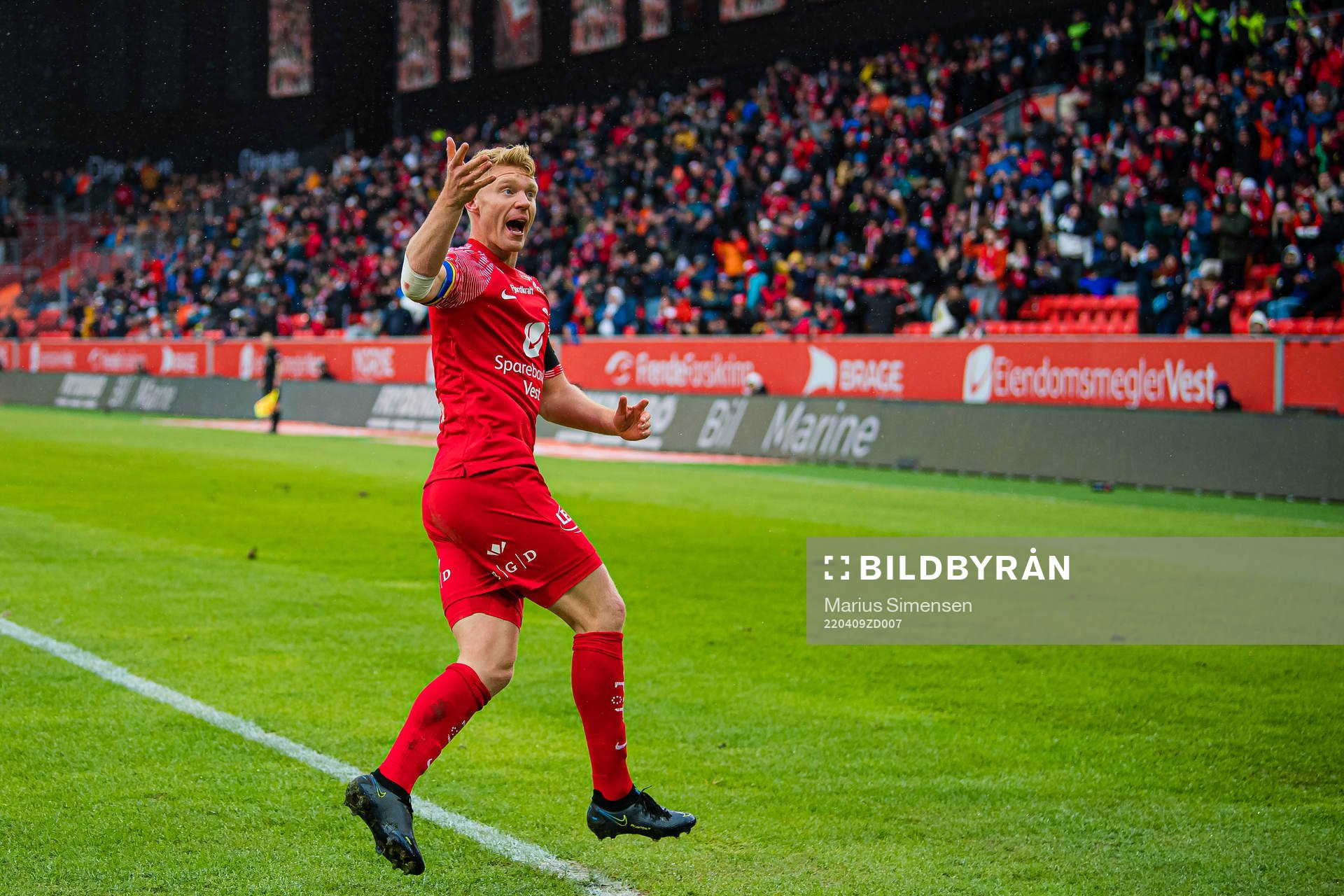 Sivert Heltne Nilsen of Brann celebrates after scoring the 1-1 goal during the OBOS-ligaen match between Brann and Åsane on April 9, 2022 in Bergen.