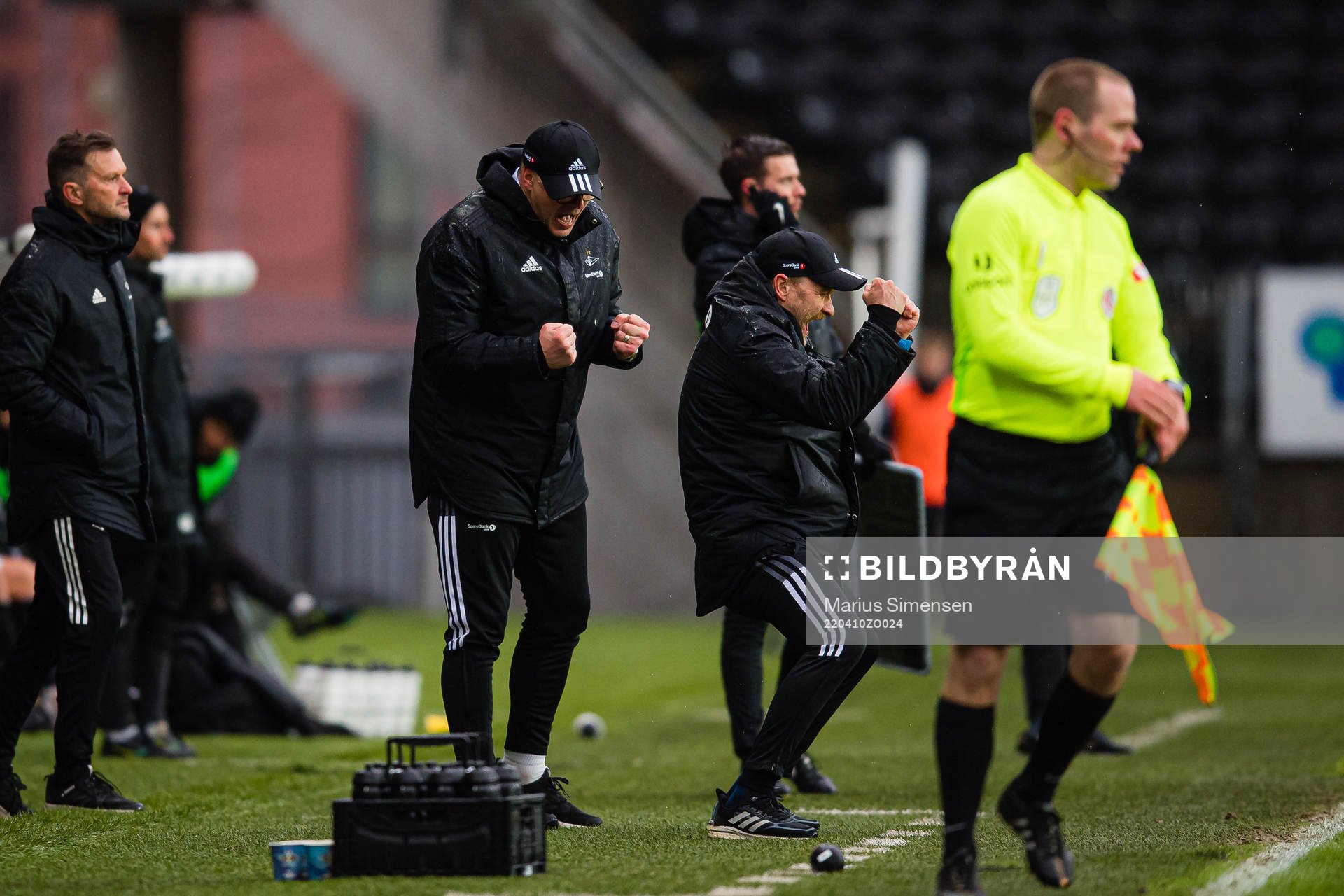 Kjetil Rekdal, head coach of Rosenborg, and Geir Frigård, assistant coach of Rosenborg, celebrates at the final whistle after the Eliteserien match between Rosenborg and Odd on April 10, 2022 in Trondheim.