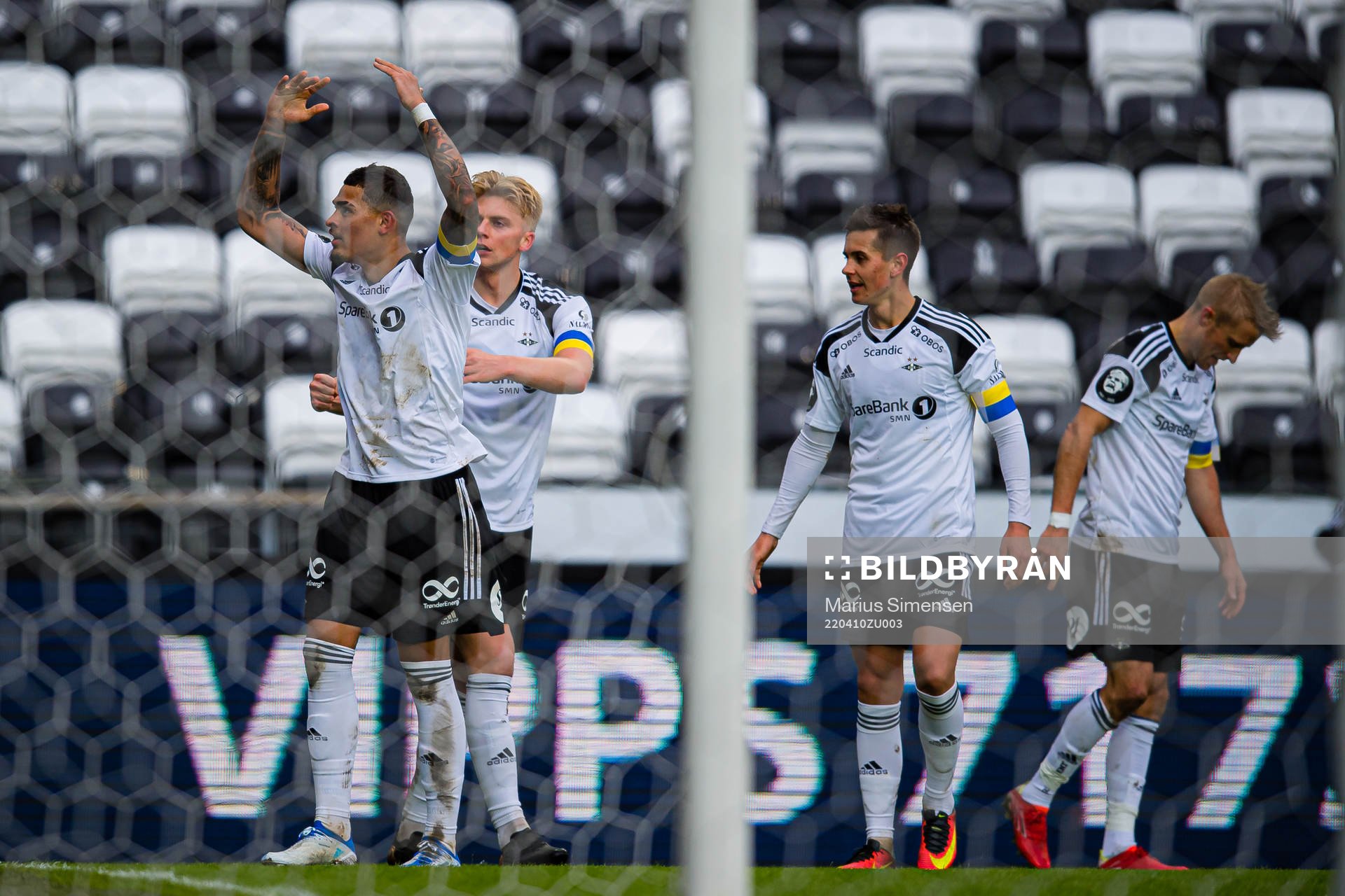 Noah Jean Holm of Rosenborg celebrates after scoring the 1-0 goal during the Eliteserien match between Rosenborg and Odd on April 10, 2022 in Trondheim.