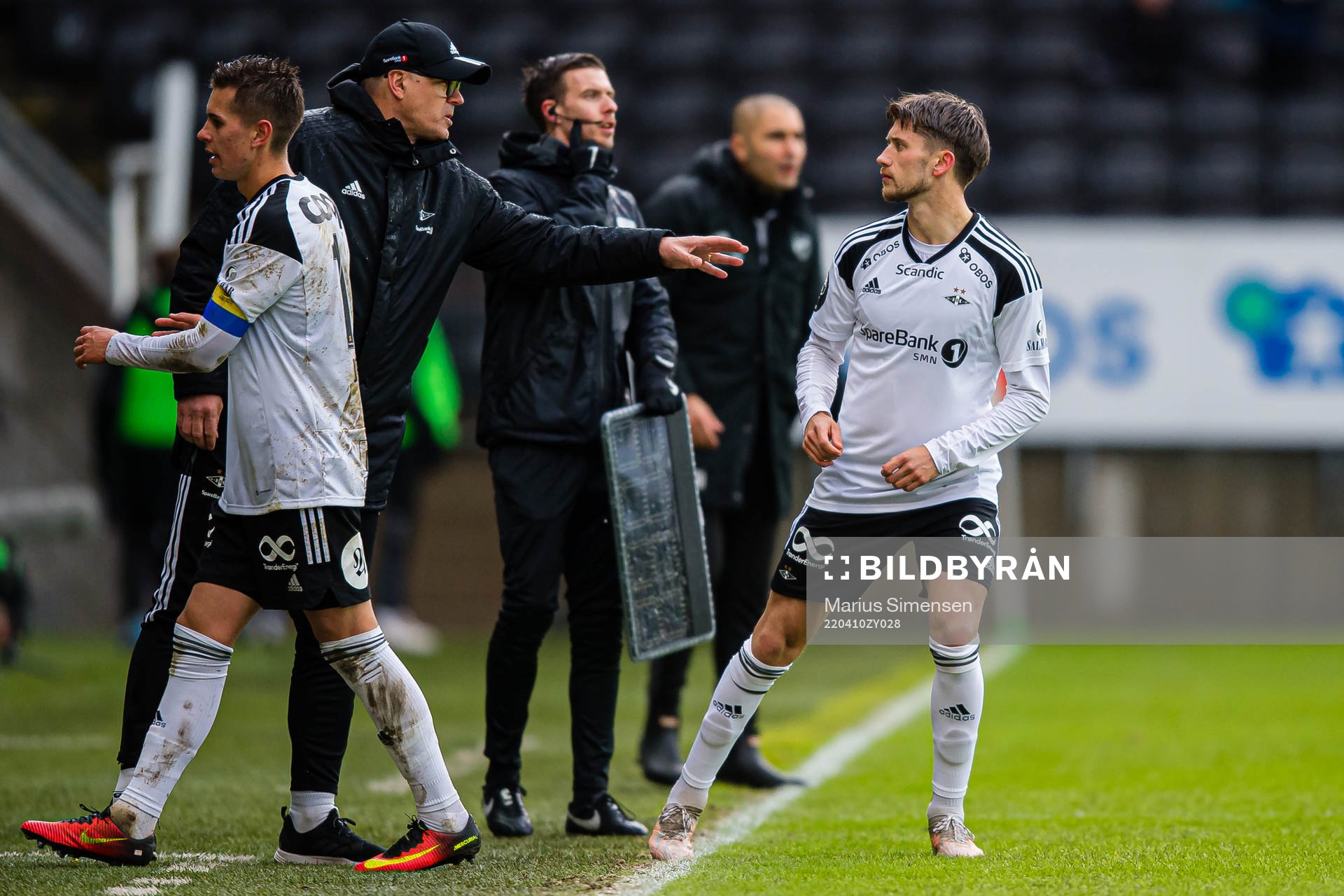 Kjetil Rekdal, head coach of Rosenborg, and Vebjørn Alvestad Hoff of Rosenborg during the Eliteserien match between Rosenborg and Odd on April 10, 2022 in Trondheim.