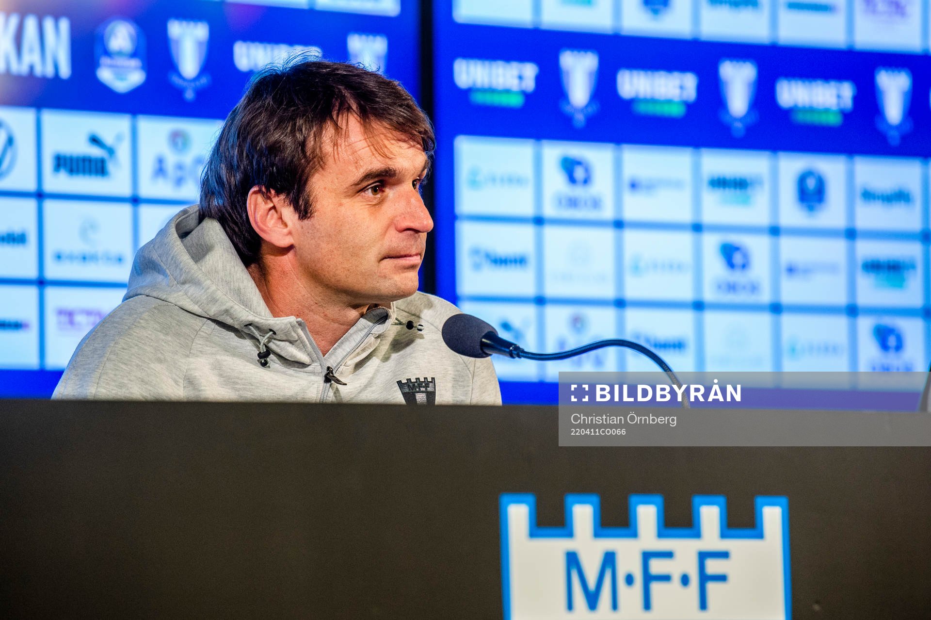 Malmö FFs tränare Milos Milojevic på presskonferensen efter fotbollsmatchen i Allsvenskan mellan Malmö FF och Elfsborg den 11 april 2022 i Malmö.