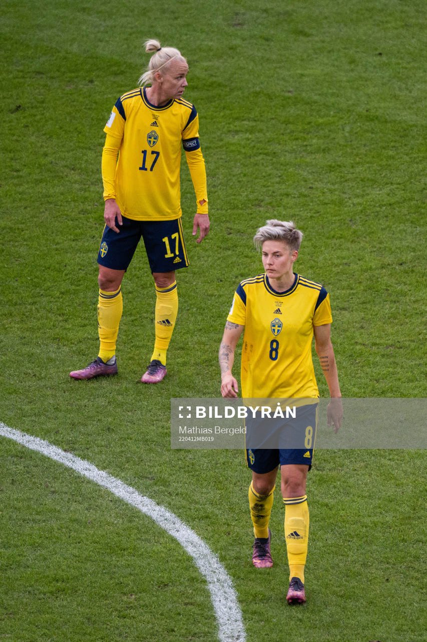 Caroline Seger and Lina Hurtig of Sweden look dejected