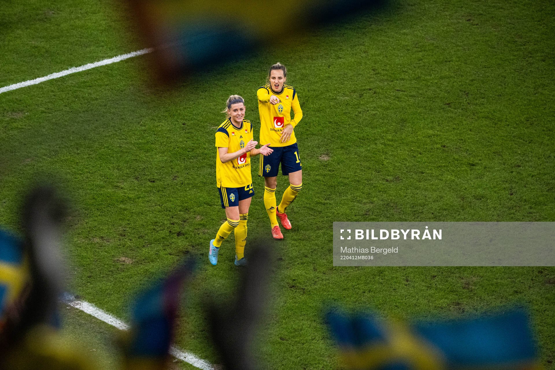 Olivia Schough and Nathalie Björn of Sweden celebrate after the FIFA Women's World Cup Qualifier football match between Sweden and Ireland on April 12, 2022 in Göteborg.