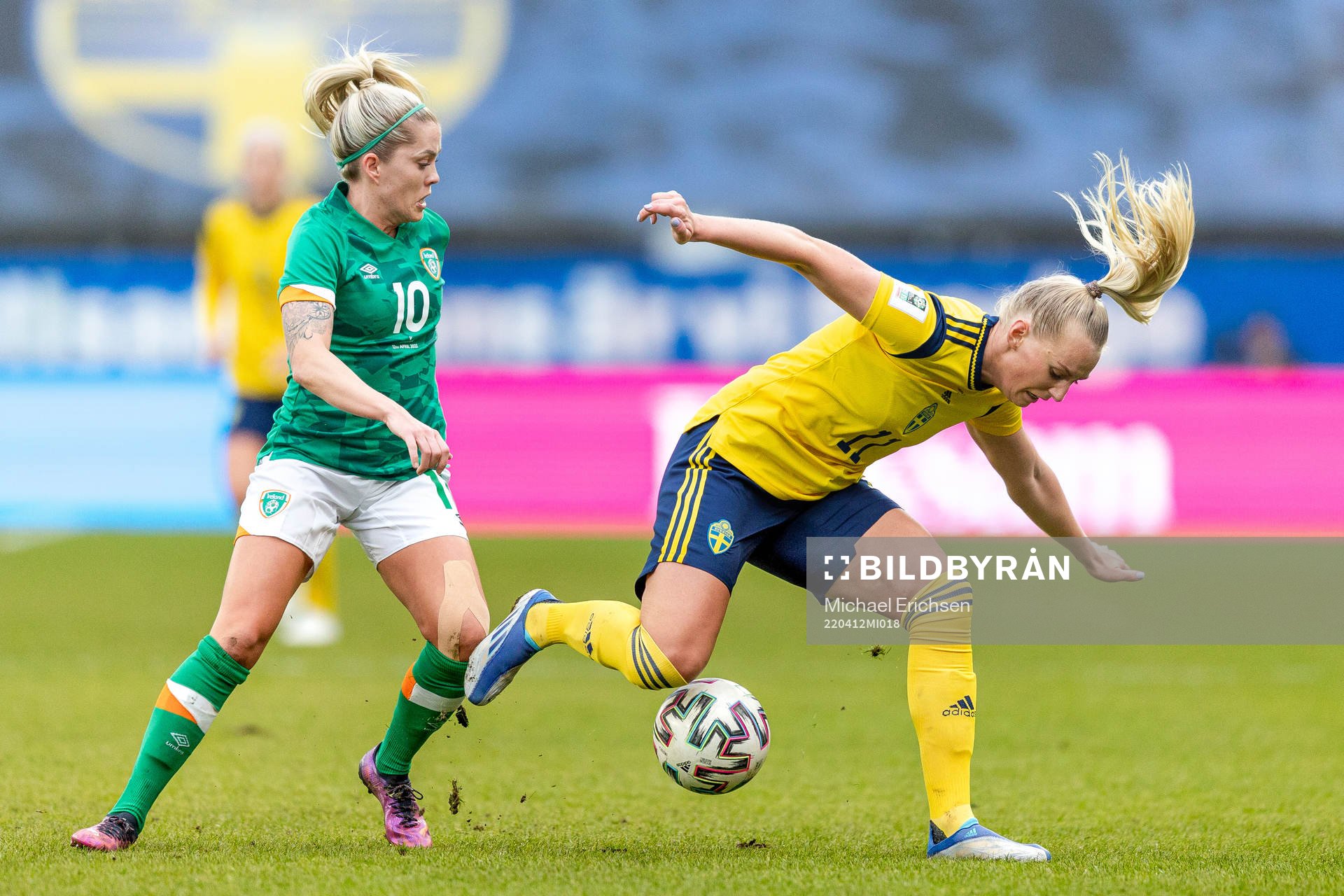 Denise O'Sullivan of Ireland and Stina Blackstenius during the FIFA Women's World Cup Qualifier football match between Sweden and Ireland on April 12, 2022 in Göteborg.