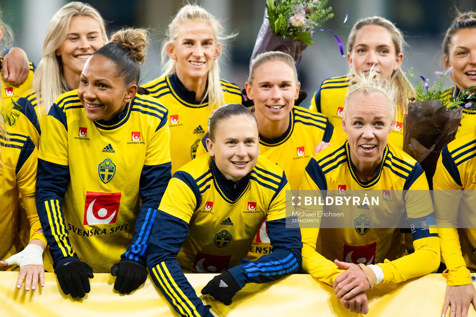 Madelen Janogy, Filippa Curmark, and Caroline Seger celebrates after the FIFA Women's World Cup Qualifier football match between Sweden and Ireland on April 12, 2022 in Göteborg.