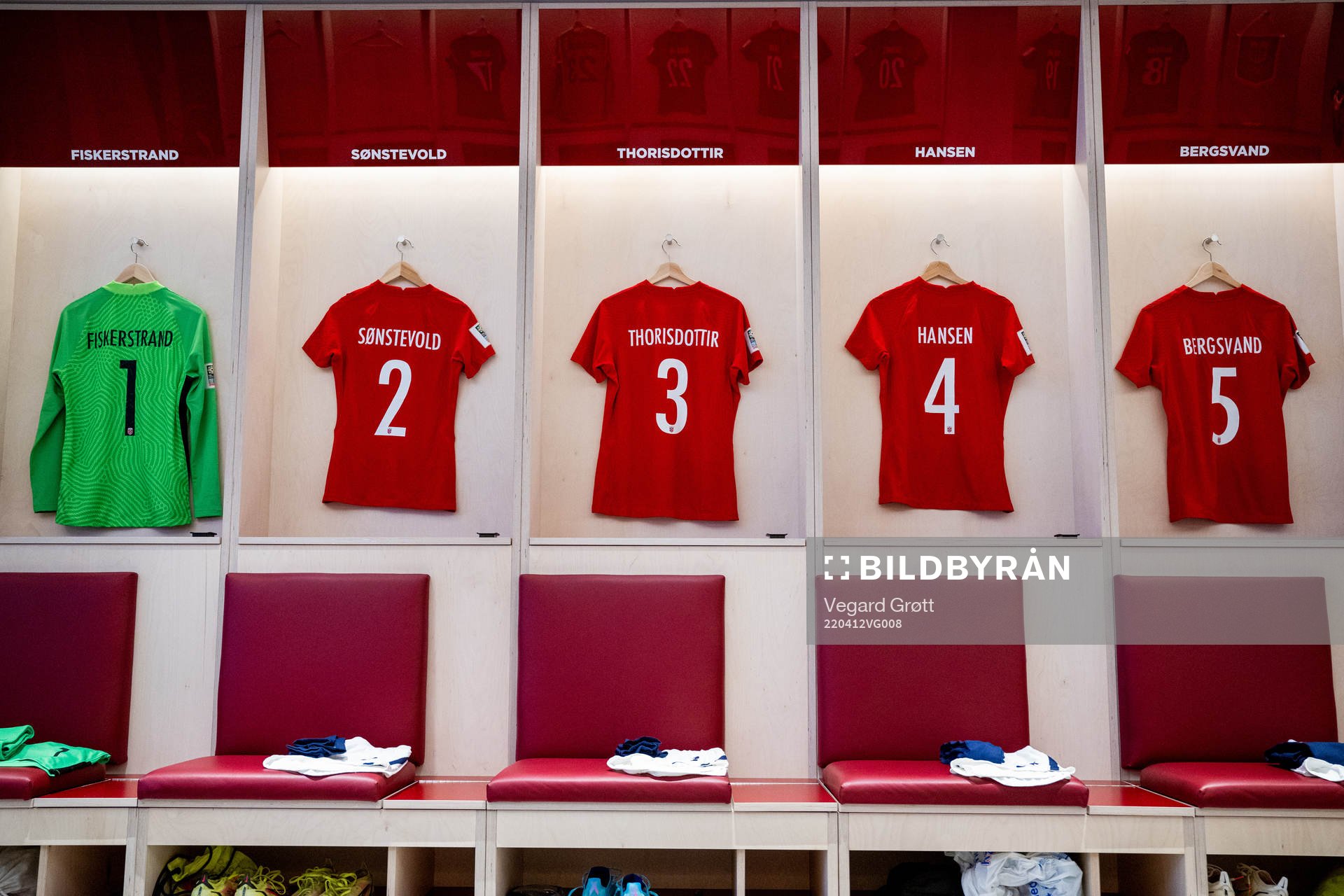The kits of goalkeeper Cecilie Fiskerstrand, Anja Sønstevold, Maria Thorisdottir, Tuva Hansen and Guro Bergsvand of Norway in the dressing room ahead of the FIFA Women's World Cup Qualifier football match between Norway and Poland on April 12, 2022 in Oslo.