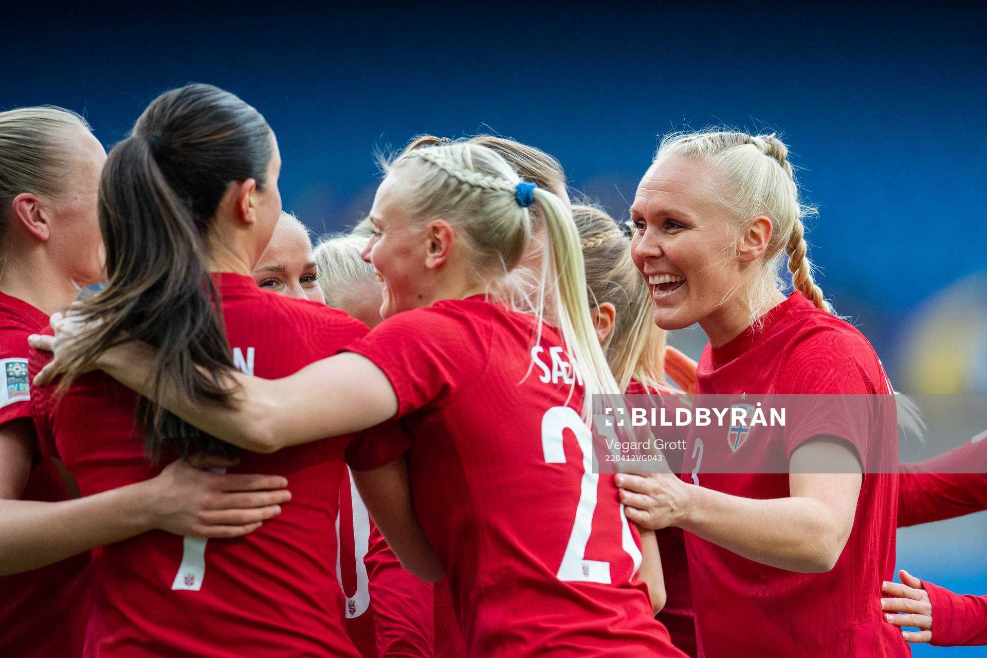 Maria Thorisdottir and players of Norway celebrate the 1-0 goal during the FIFA Women's World Cup Qualifier football match between Norway and Poland on April 12, 2022 in Oslo.