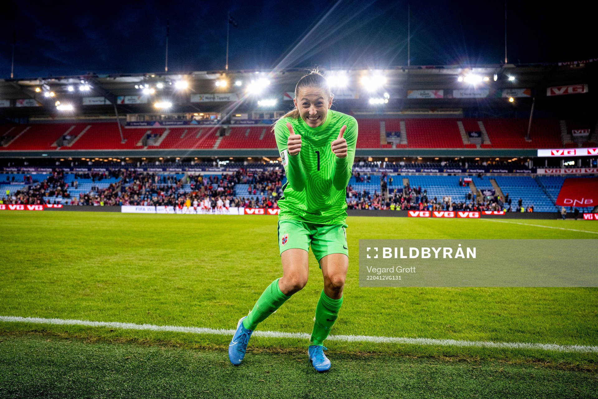 Goalkeeper Cecilie Fiskerstrand of Norway celebrates after the FIFA Women's World Cup Qualifier football match between Norway and Poland on April 12, 2022 in Oslo.