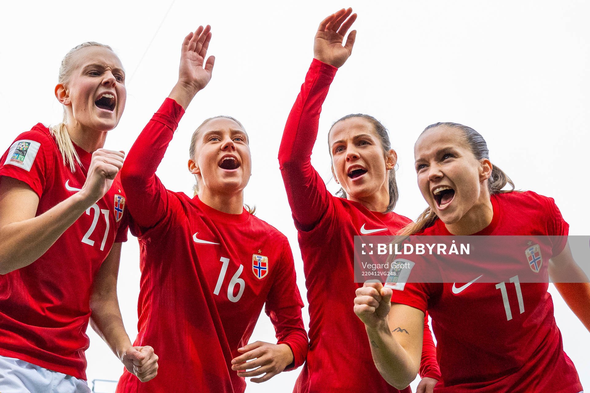 Karina Sævik, Lisa Fjeldstad Naalsund, Tuva Hansen and Guro Reiten of Norway ahead of the FIFA Women's World Cup Qualifier football match between Norway and Poland on April 12, 2022 in Oslo. 