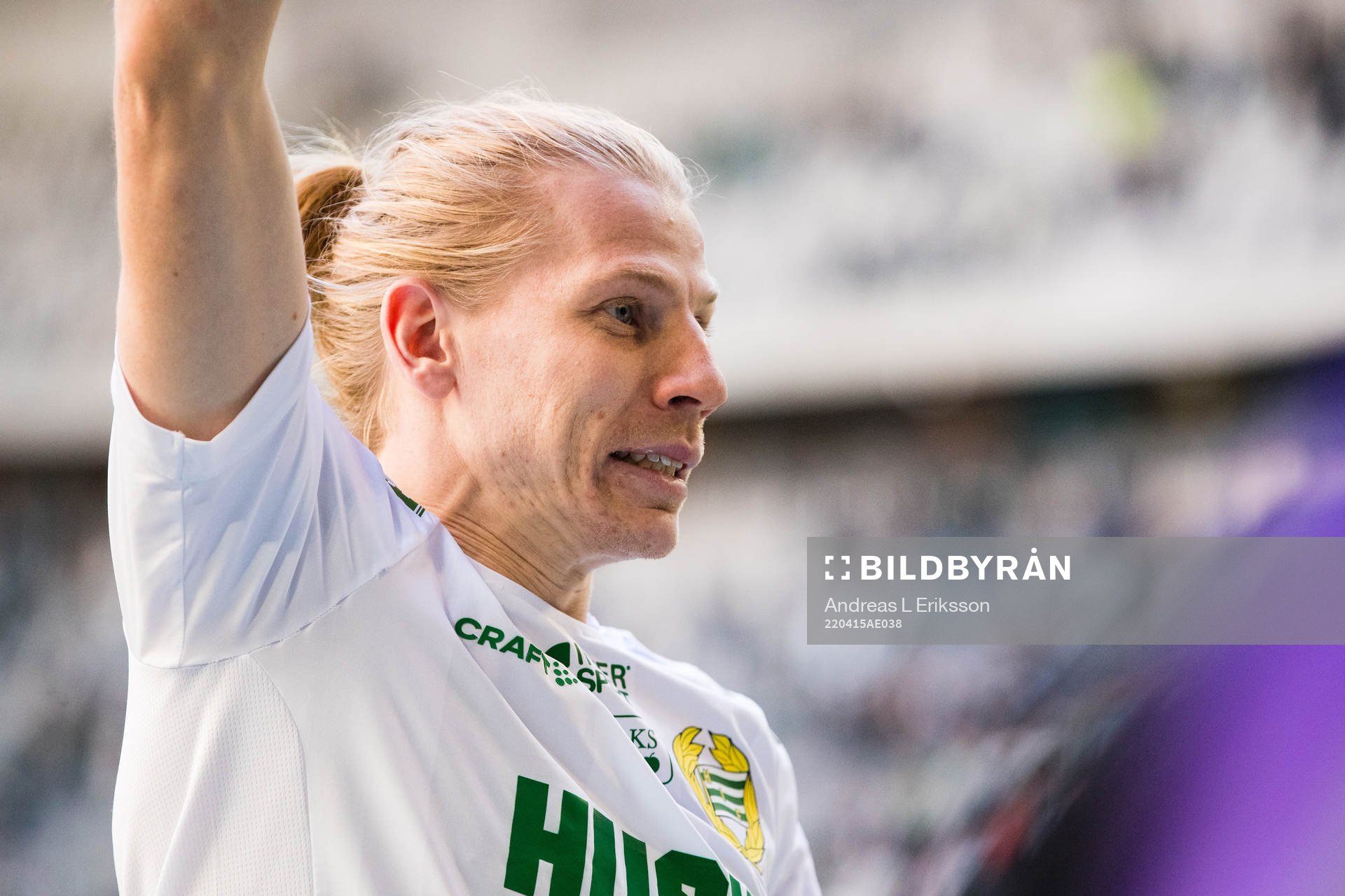 Hammarbys Gustav Ludwigson jublar efter fotbollsmatchen i Allsvenskan mellan Hammarby och Mjällby den 15 april 2022 i Stockholm. 