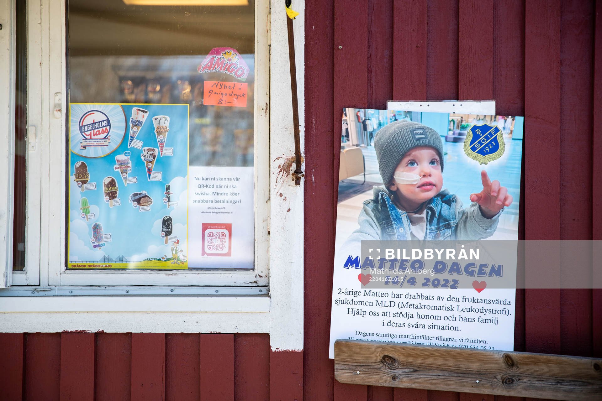 Strövelstorps kiosk med en skylt som uppmärksammar Matteo