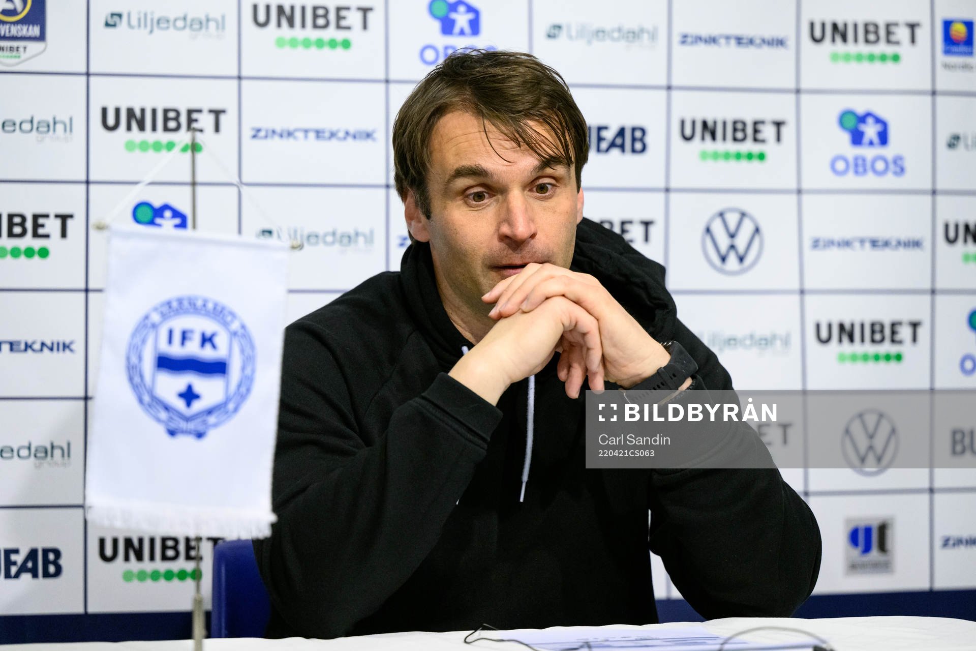 Malmö FFs tränare Milos Milojevic på en presskonferens efter fotbollsmatchen i Allsvenskan mellan Värnamo och Malmö FF den 21 april 2022 i Värnamo.