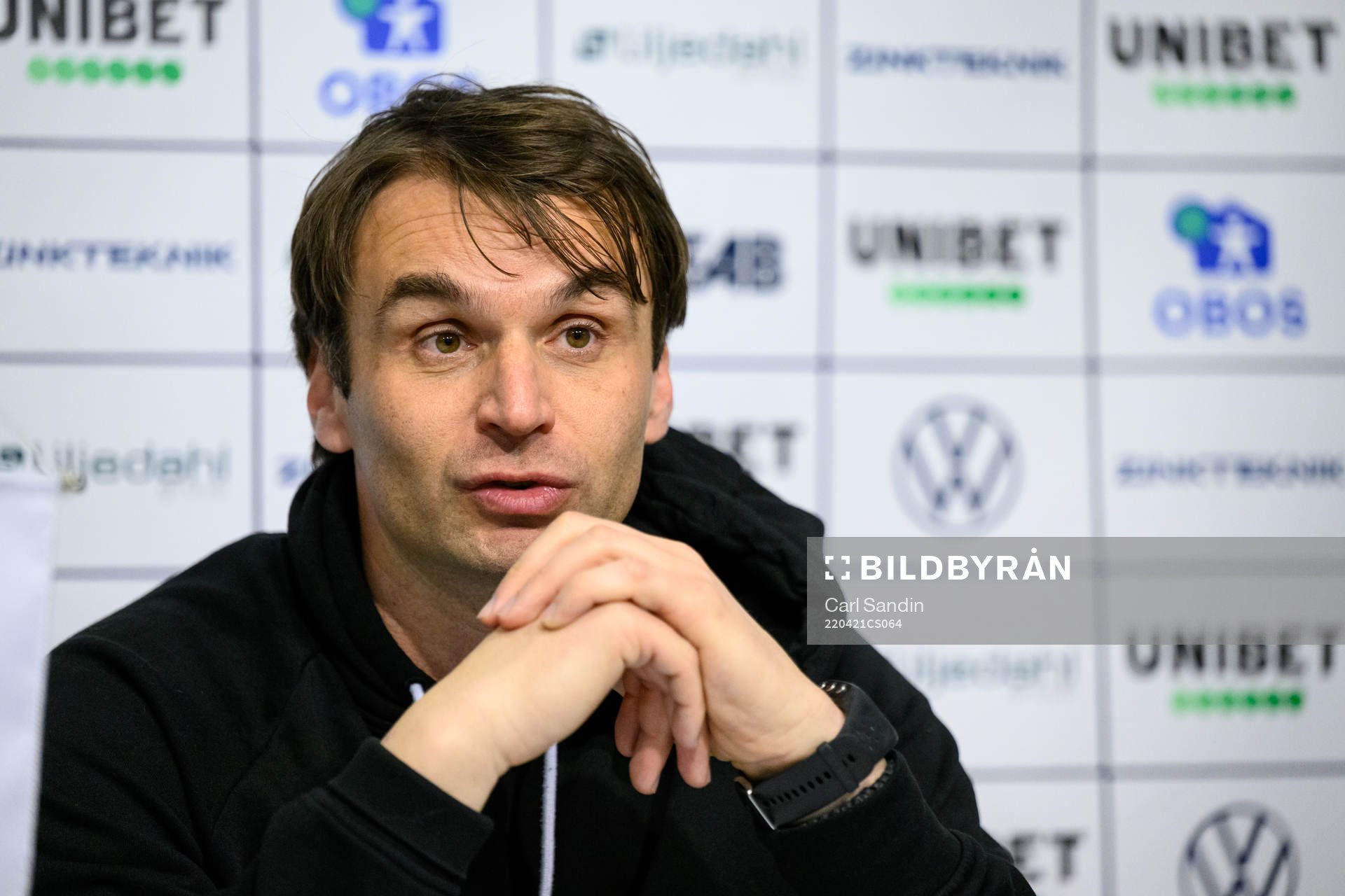 Malmö FFs tränare Milos Milojevic på en presskonferens efter fotbollsmatchen i Allsvenskan mellan Värnamo och Malmö FF den 21 april 2022 i Värnamo.